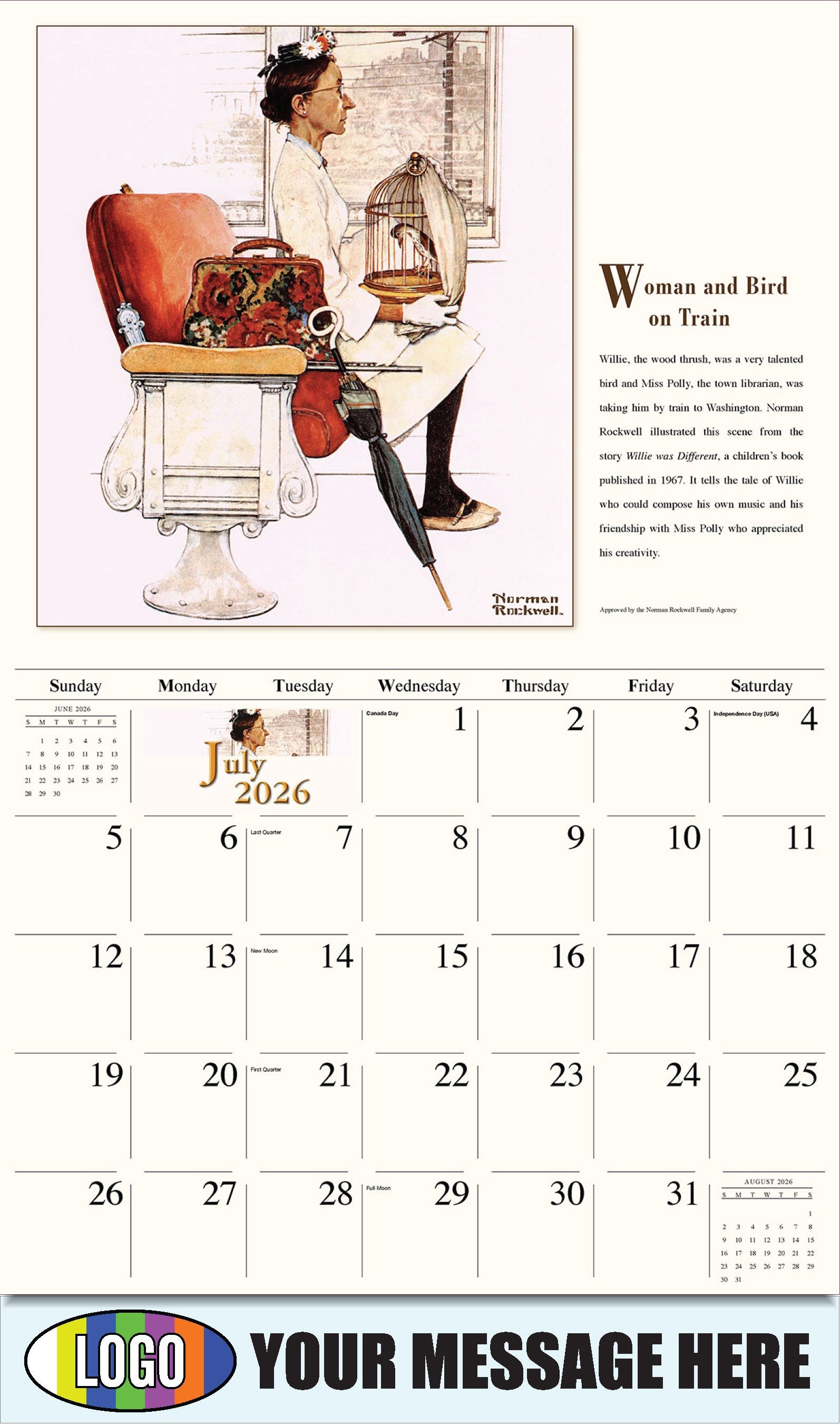 2026 Business Promo Calendar - Memorable Images by Norman Rockwell - Woman and Bird on Train - July