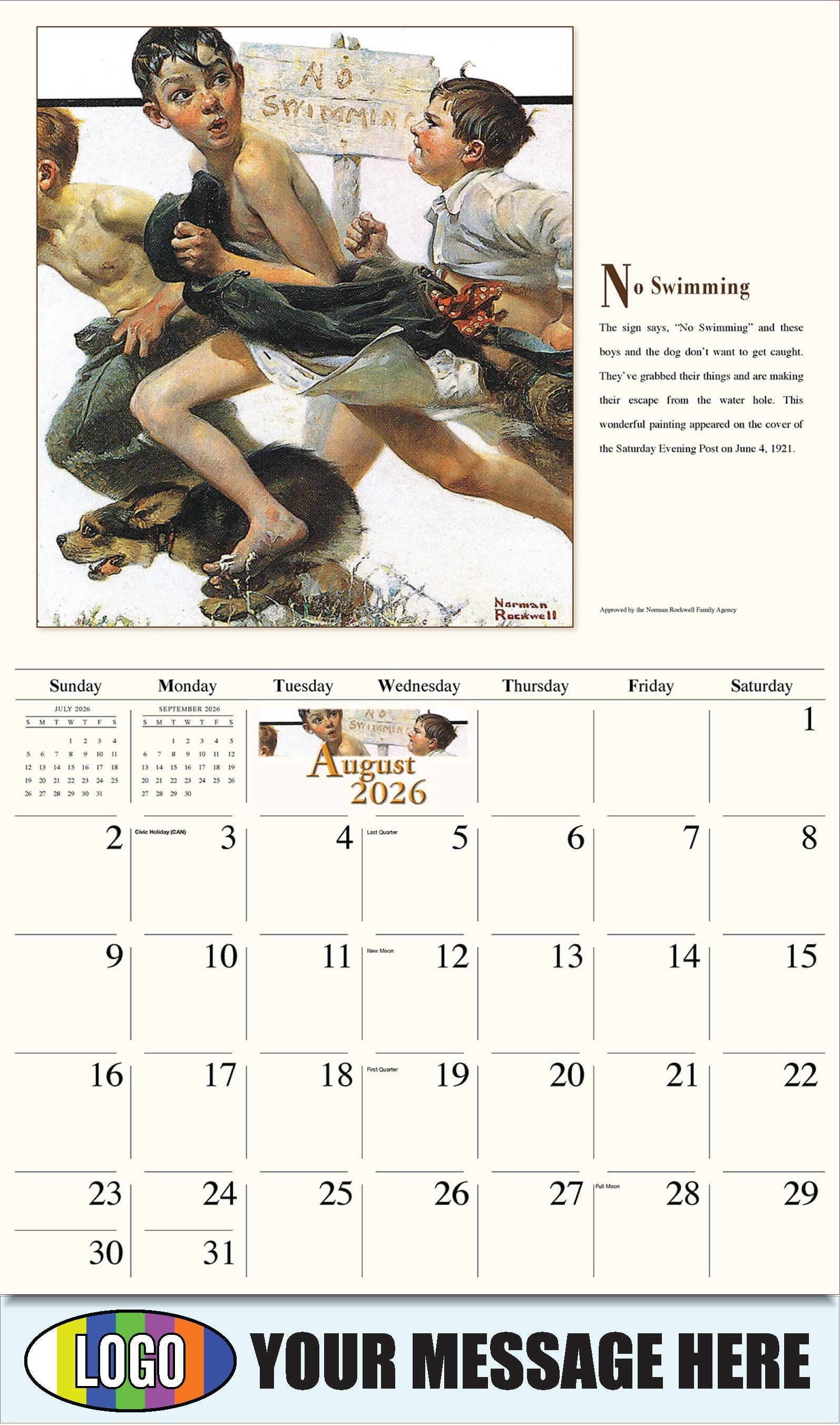 2026 Business Promo Calendar - Memorable Images by Norman Rockwell - No Swimming - August