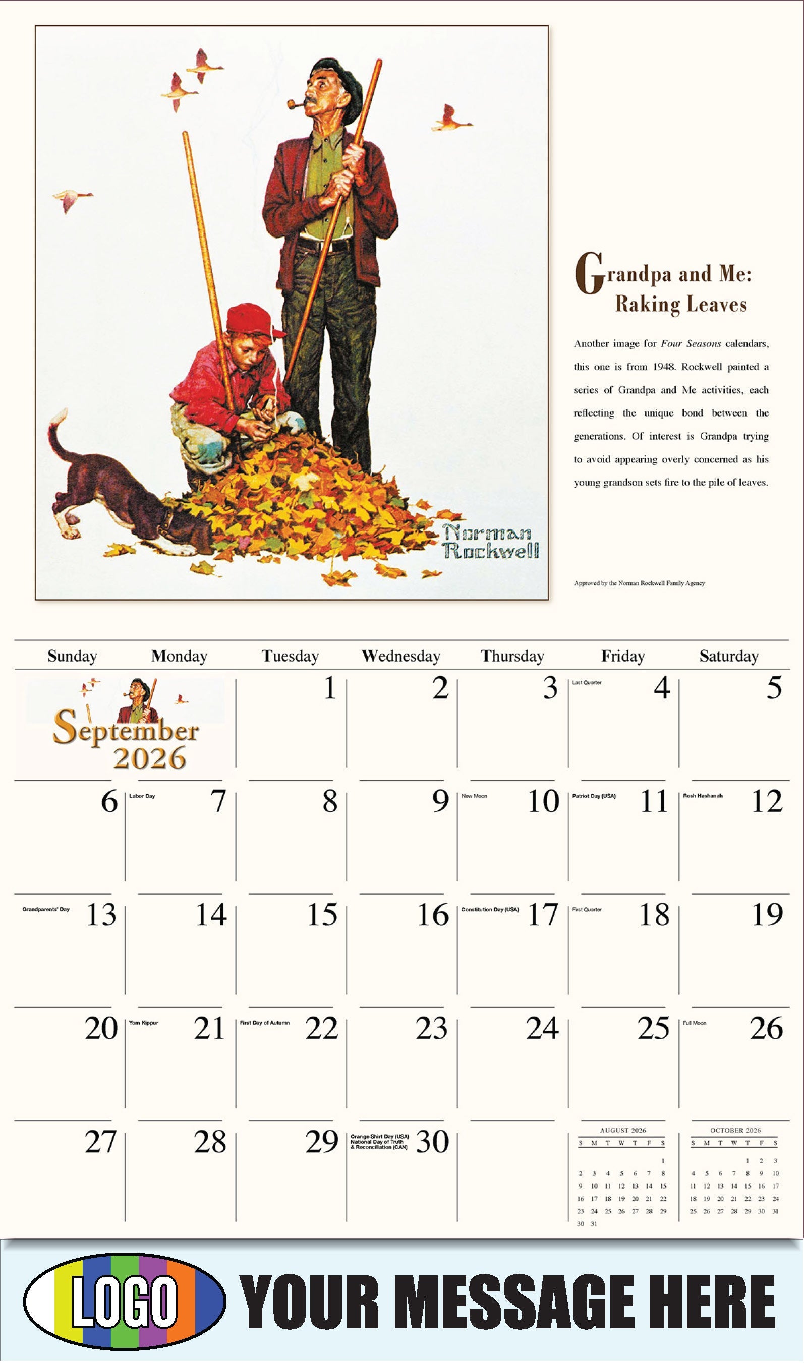 2026 Business Promo Calendar - Memorable Images by Norman Rockwell - Grandpa and Me: Raking Leaves - September
