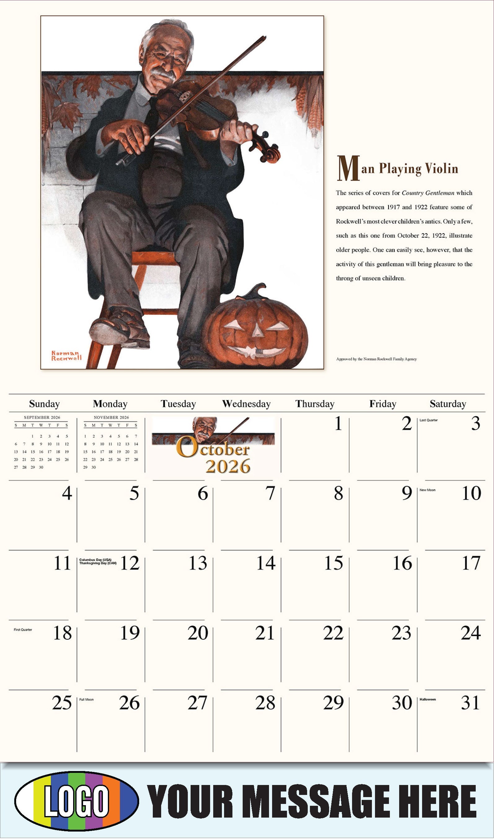 2026 Business Promotion Calendar - Memorable Images by Norman Rockwell - Man Playing Violin - October