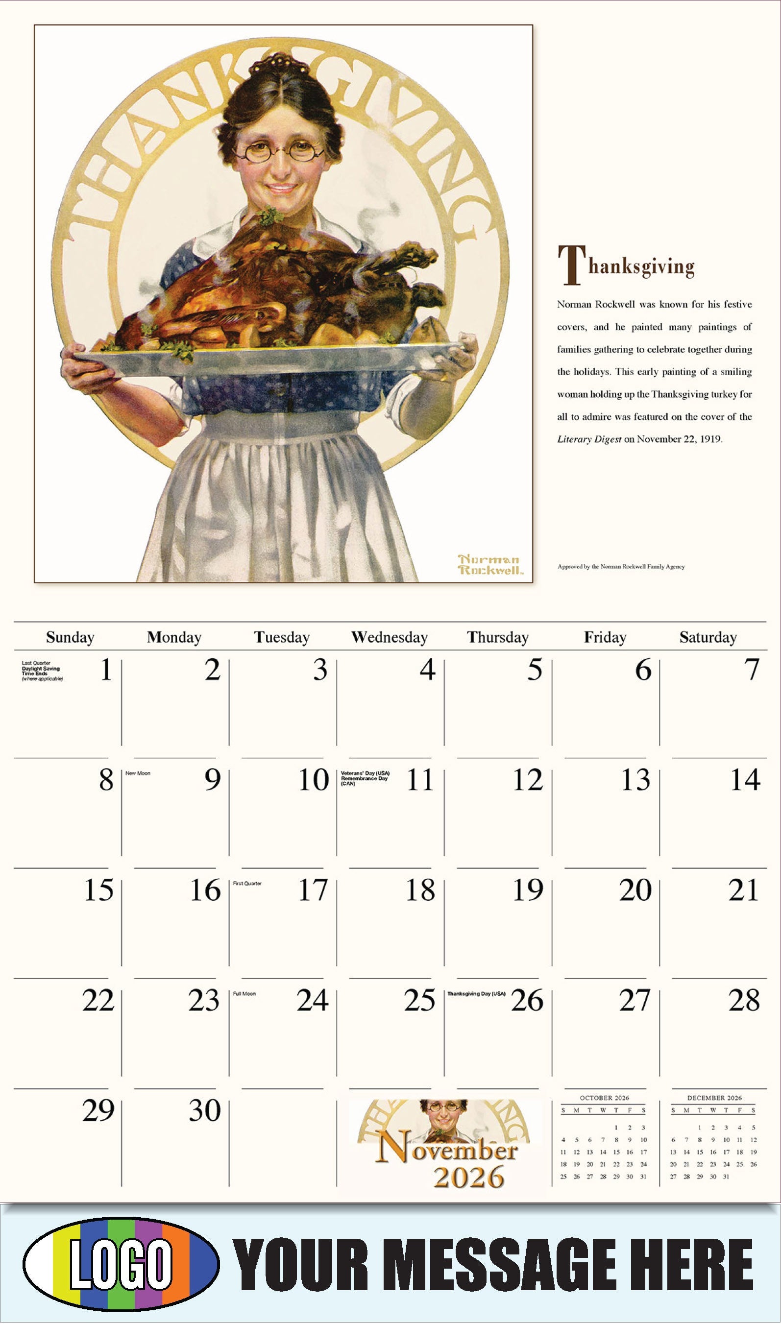 2026 Business Promotion Calendar - Memorable Images by Norman Rockwell - Thanksgiving - November