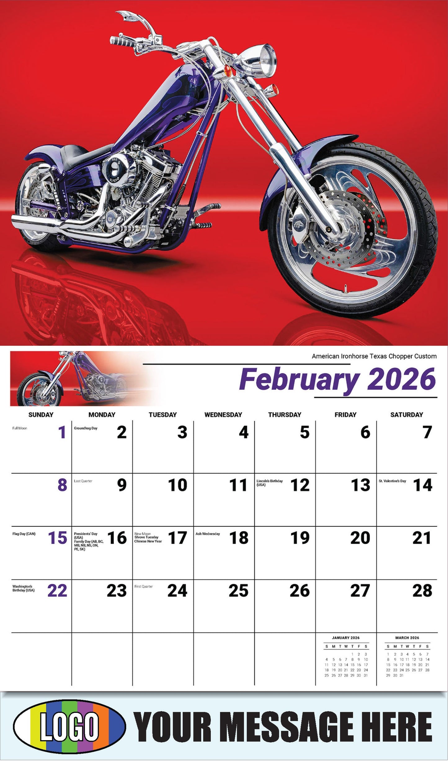 2026 Business Promotional Calendar - Motorcycle Mania - American Ironhorse Texas Chopper Custom - February