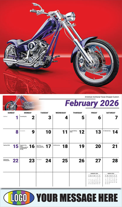 2026 Business Promotional Calendar - Motorcycle Mania - American Ironhorse Texas Chopper Custom - February