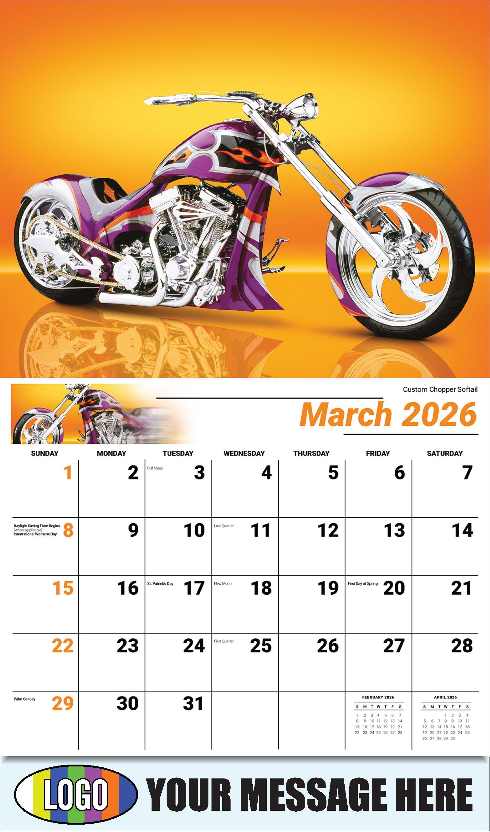 2026 Business Promotional Calendar - Motorcycle Mania - Custom Chopper Softail - March