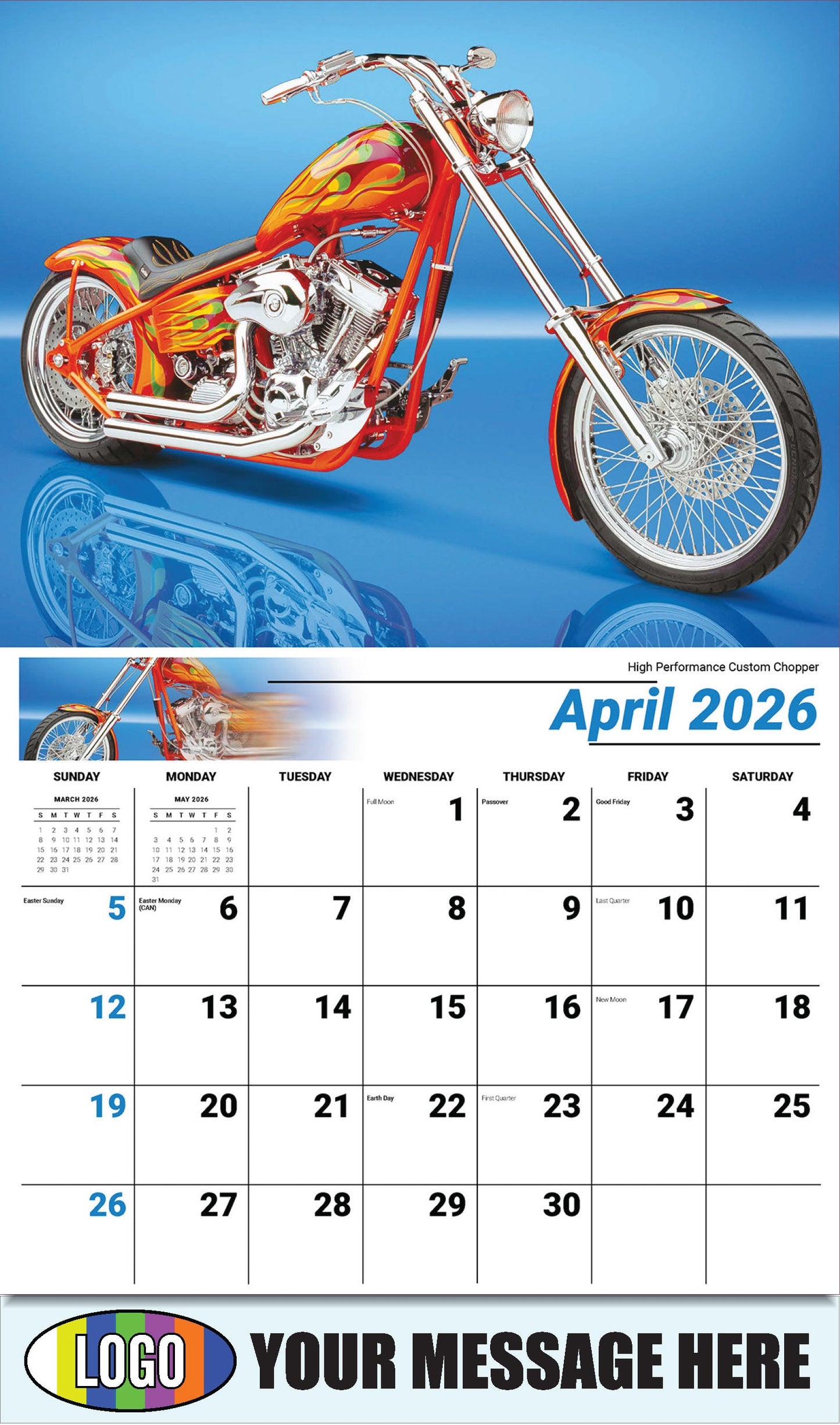 2026 Business Advertising Calendar - Motorcycle Mania - High Performance Custom Chopper - April