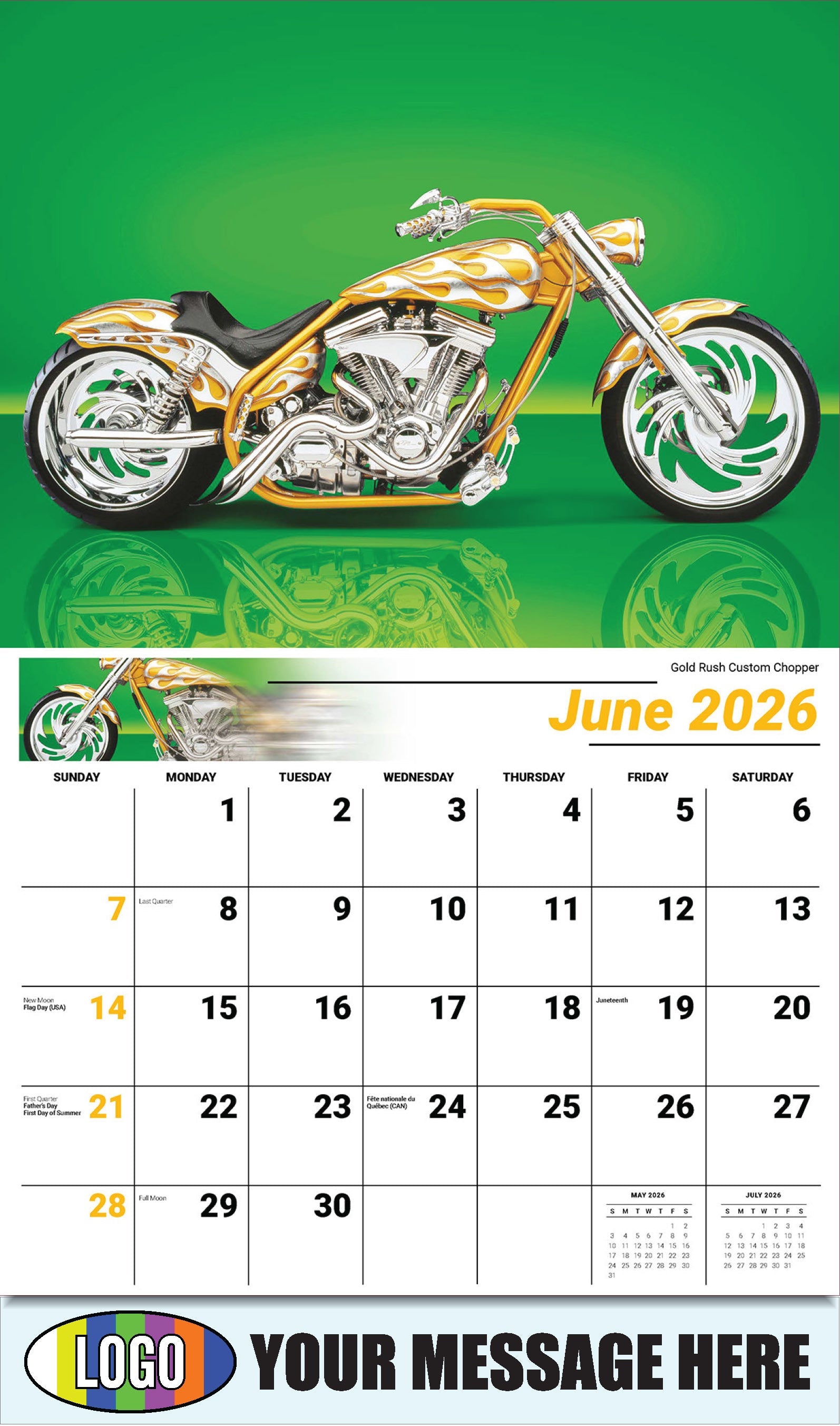 2026 Business Advertising Calendar - Motorcycle Mania - Gold Rush Custom Chopper - June