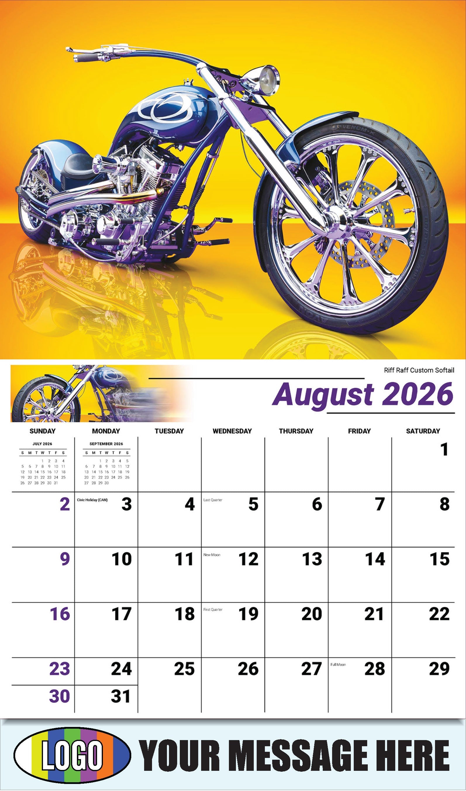 2026 Business Promo Calendar - Motorcycle Mania - Riff Raff Customs Softail - August
