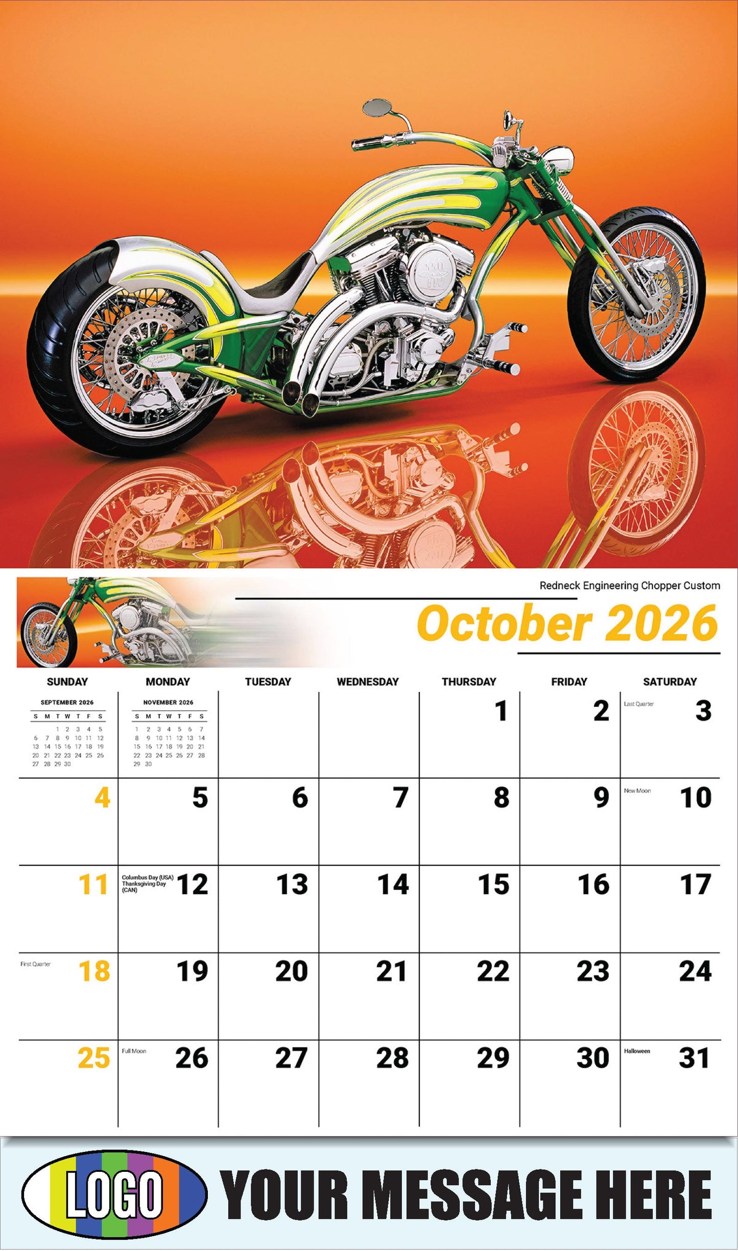 2026 Business Promotion Calendar - Motorcycle Mania - Redneck Engineering Chopper Custom - October