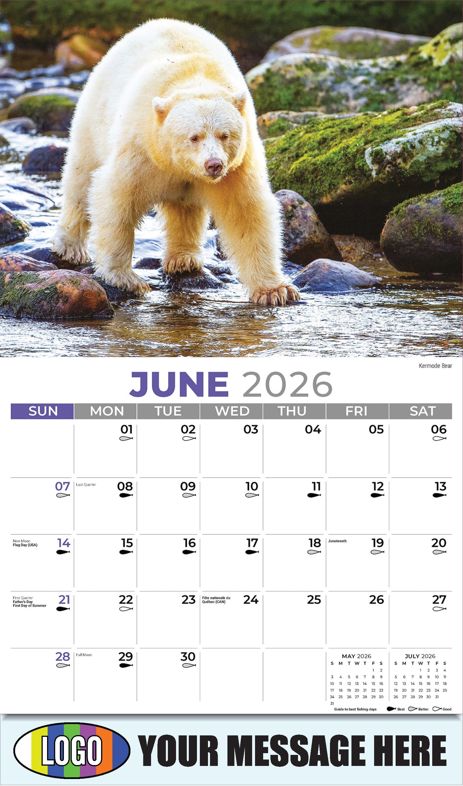2026 Business Advertising Calendar - North American Wildlife - Kermode Bear - June