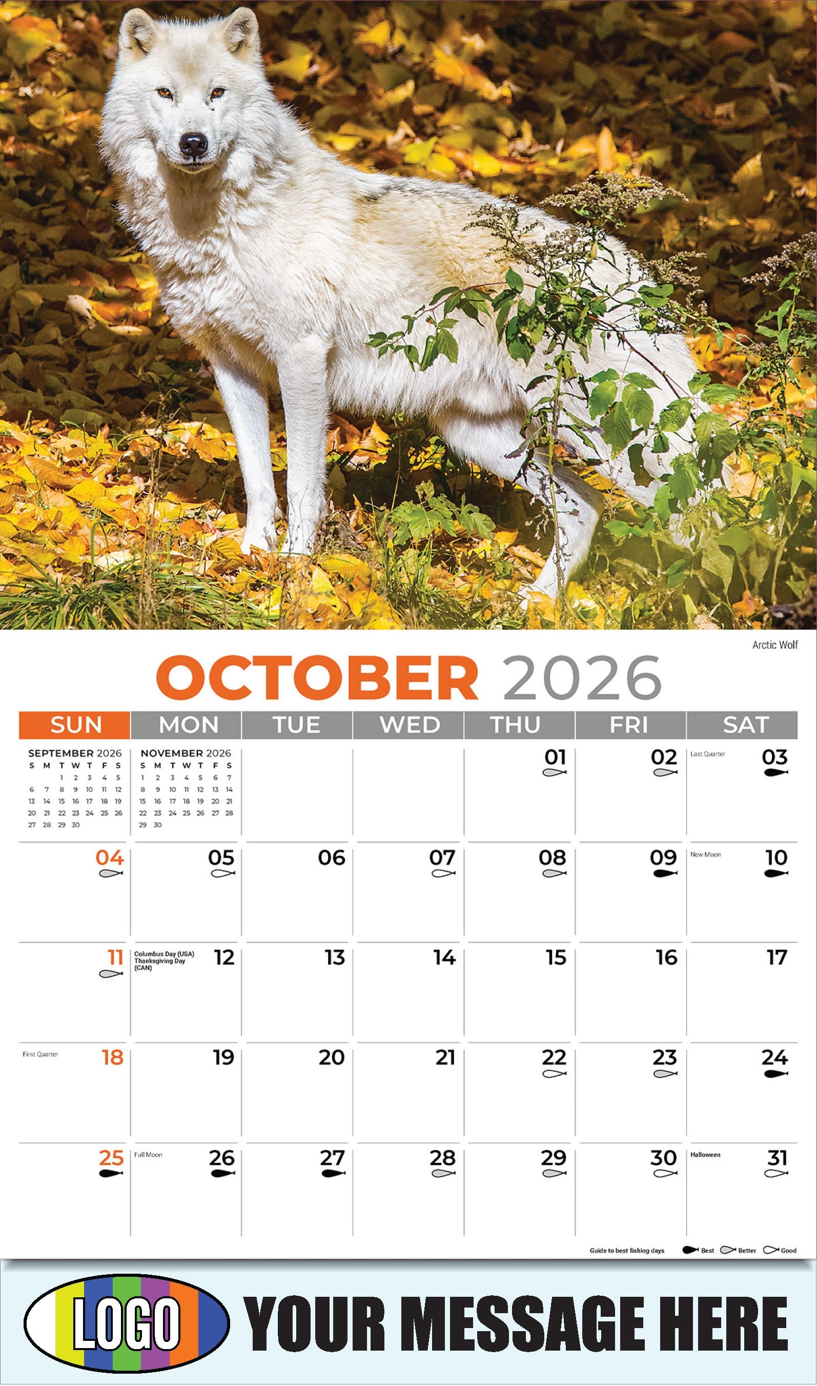 2026 Business Promotion Calendar - North American Wildlife - Arctic Wolf - October