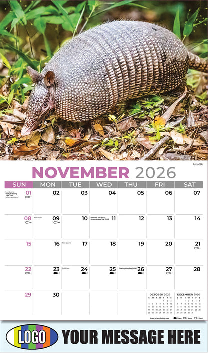 2026 Business Promotion Calendar - North American Wildlife - Armadillo - November