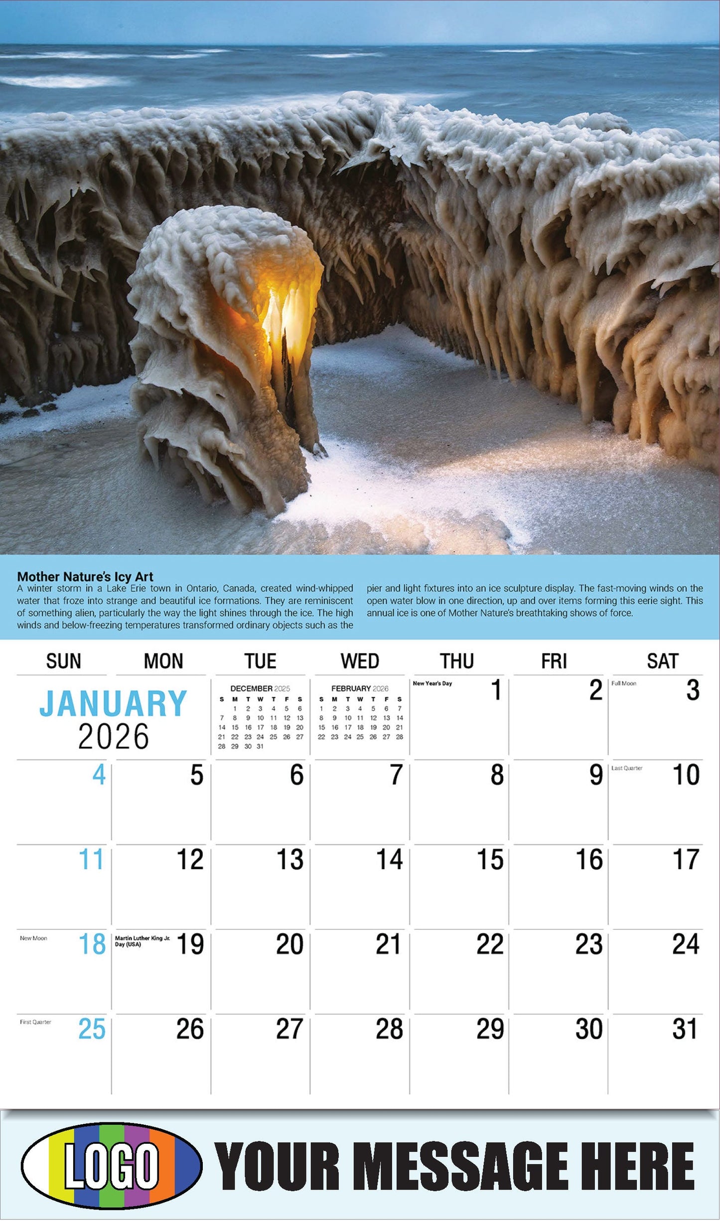 2026 Business Promotional Calendar Planet Earth - January - Mother Nature’s Icy Art: