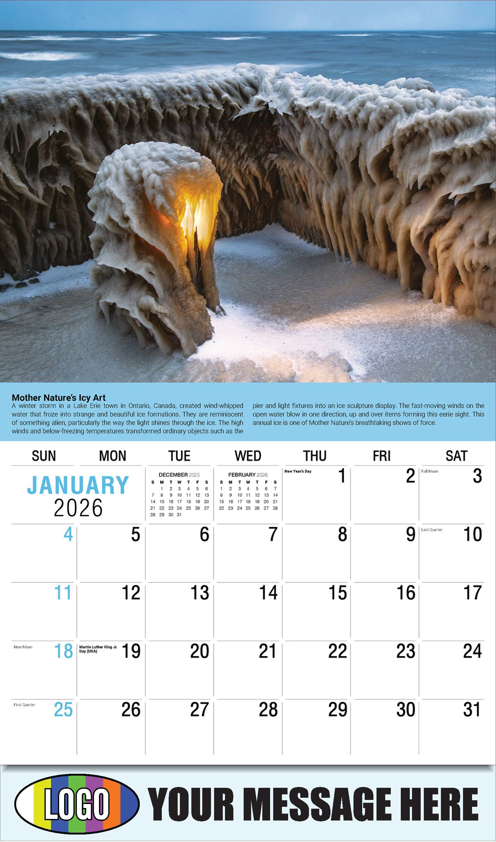 2026 Business Promotional Calendar Planet Earth - January - Mother Nature’s Icy Art: