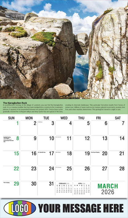 2026 Business Promotional Calendar Planet Earth - March - The Kjeragbolten Rock: