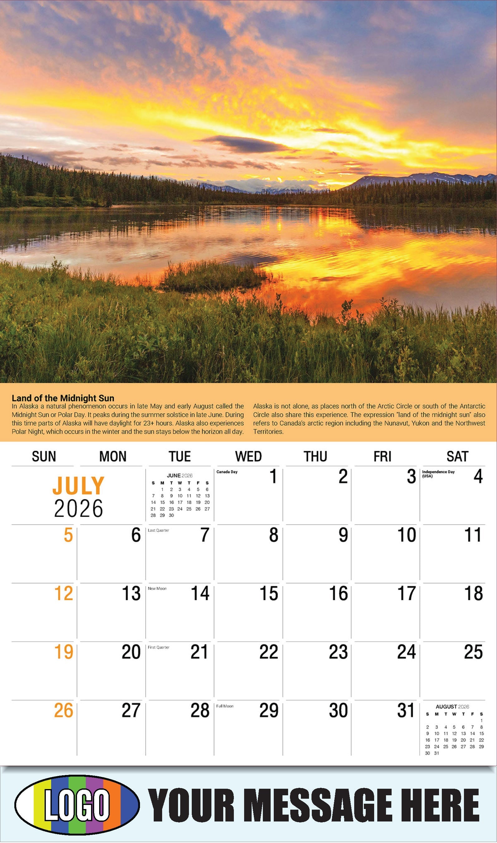 2026 Business Promo Calendar Planet Earth - July - Land of the Midnight Sun: