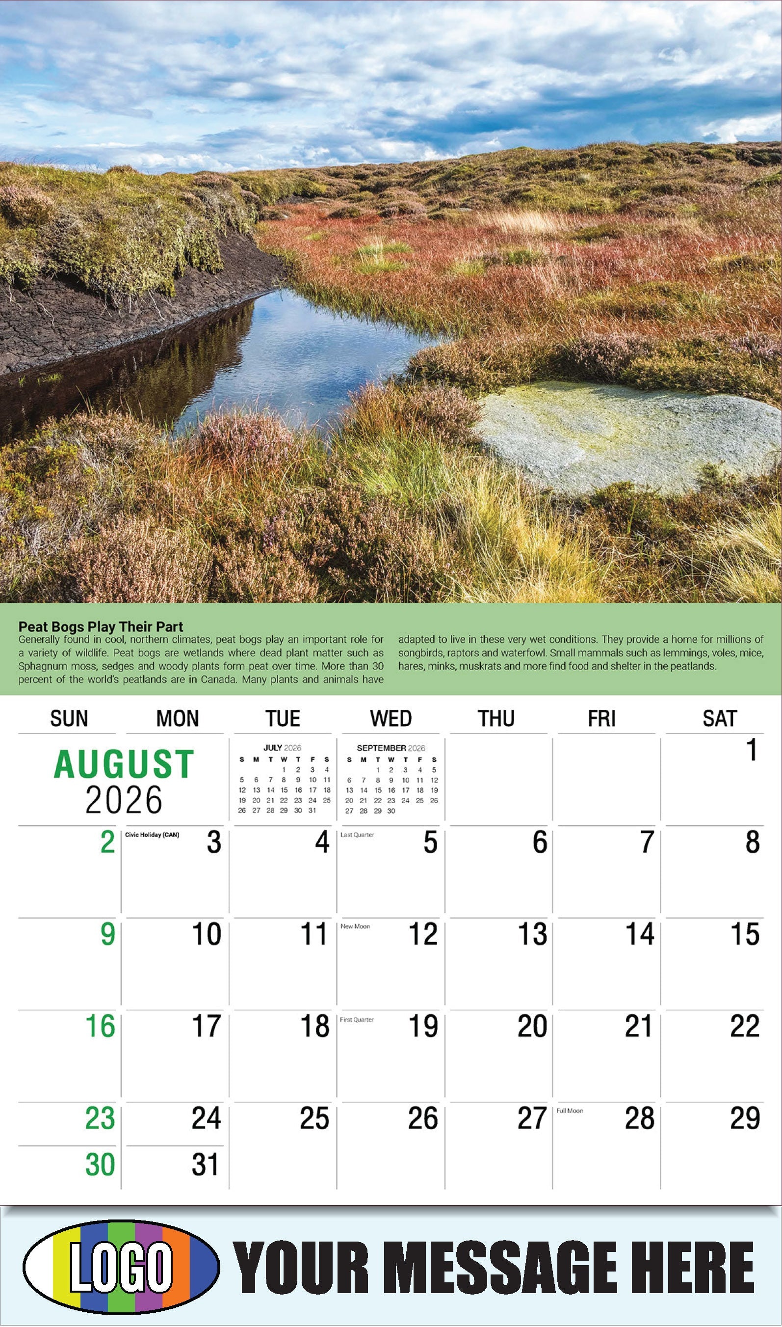 2026 Business Promo Calendar Planet Earth - August - Peat Bogs Play Their Part: