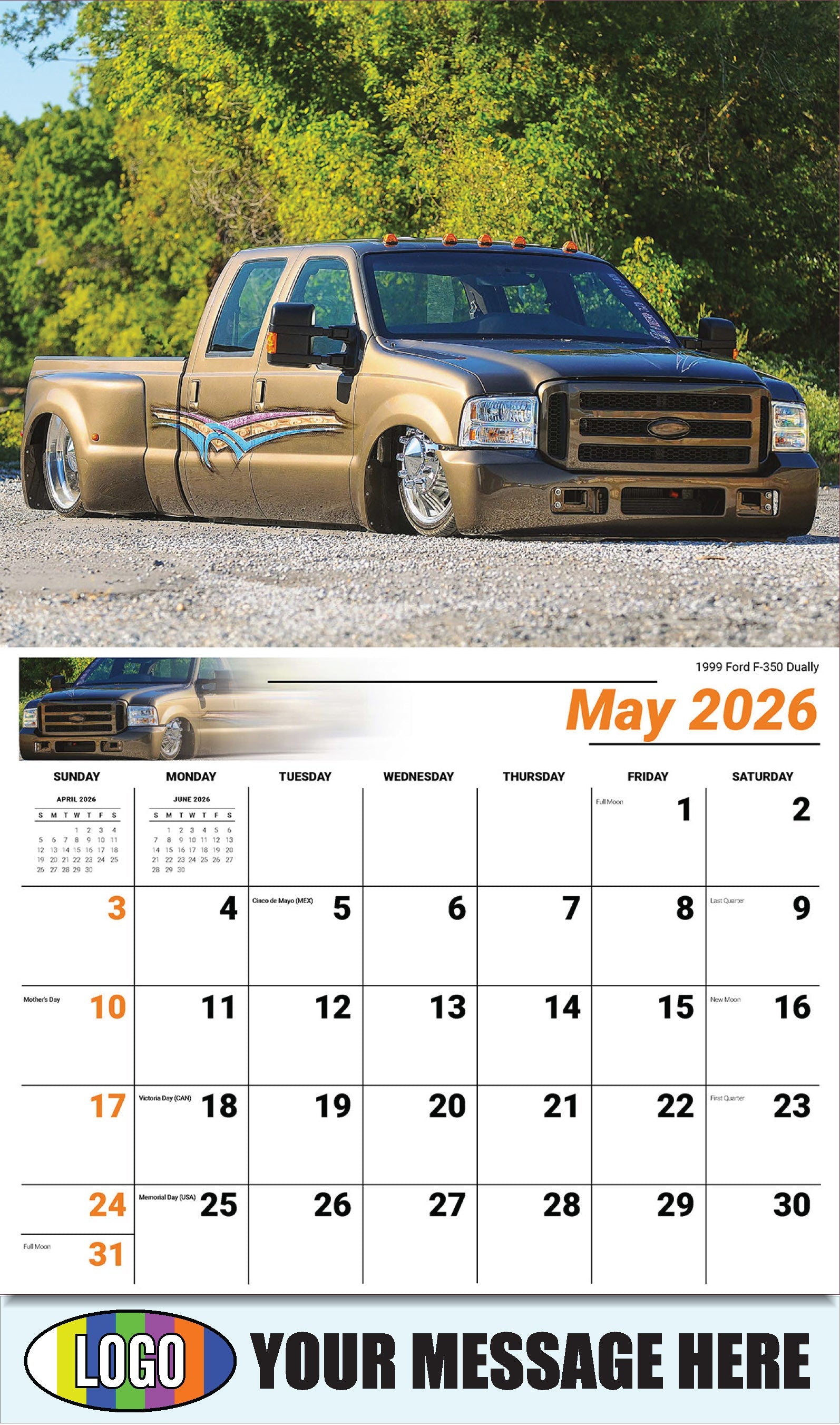 2026 Business Advertising Calendar - Pumped-Up Pickups - 1999 Ford F350 Dually - May
