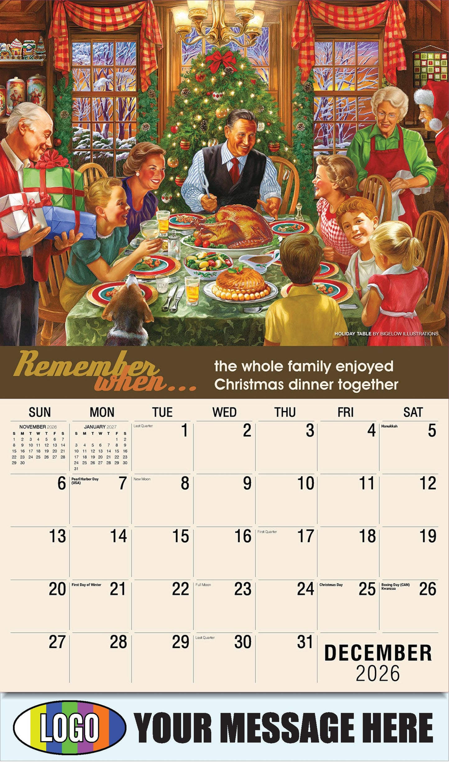 2026 Business Promotion Calendar - Remember When - Holiday Table by Bigelow Illustrations - December