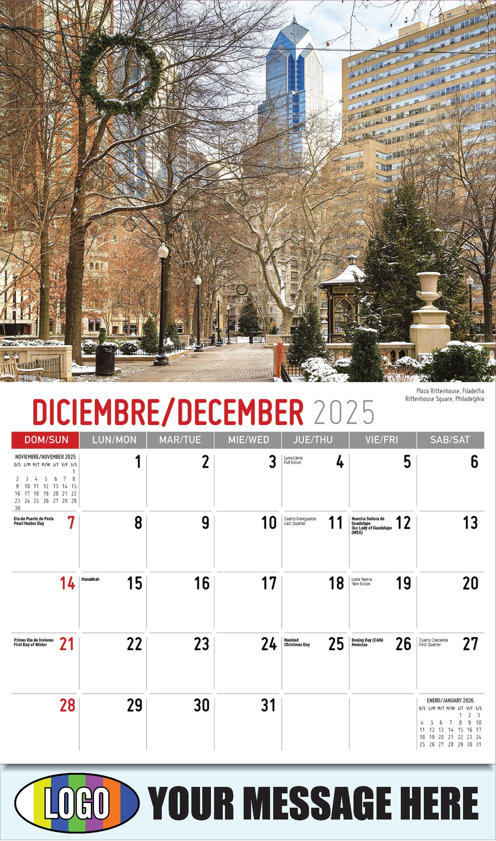 2026 Business Promotional Calendar - Scenes of America Bilingual - Plaza Rittenhouse, Filadelfia - December_a