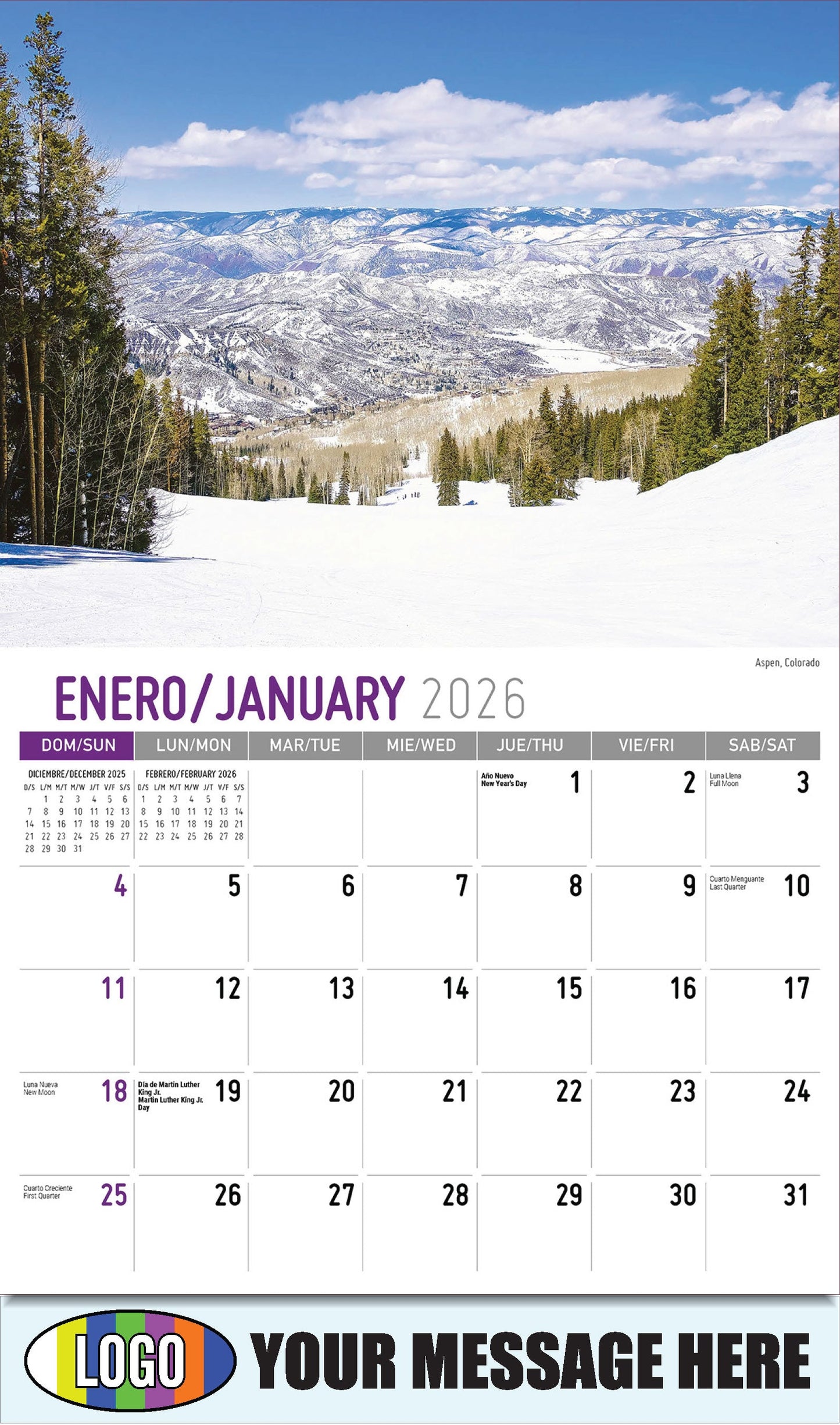 2026 Business Promotional Calendar - Scenes of America Bilingual - Aspen, Colorado - January
