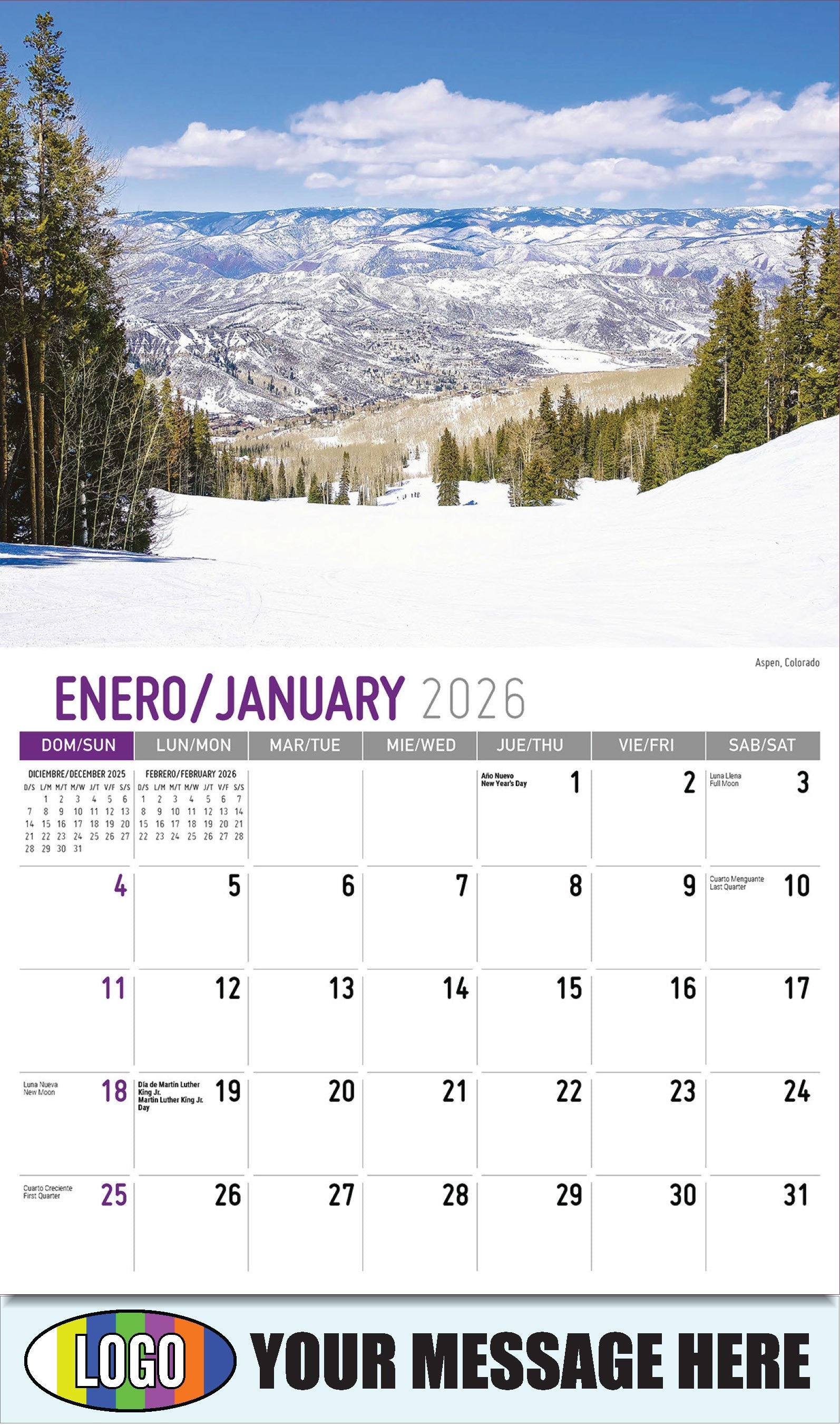 2026 Business Promotional Calendar - Scenes of America Bilingual - Aspen, Colorado - January