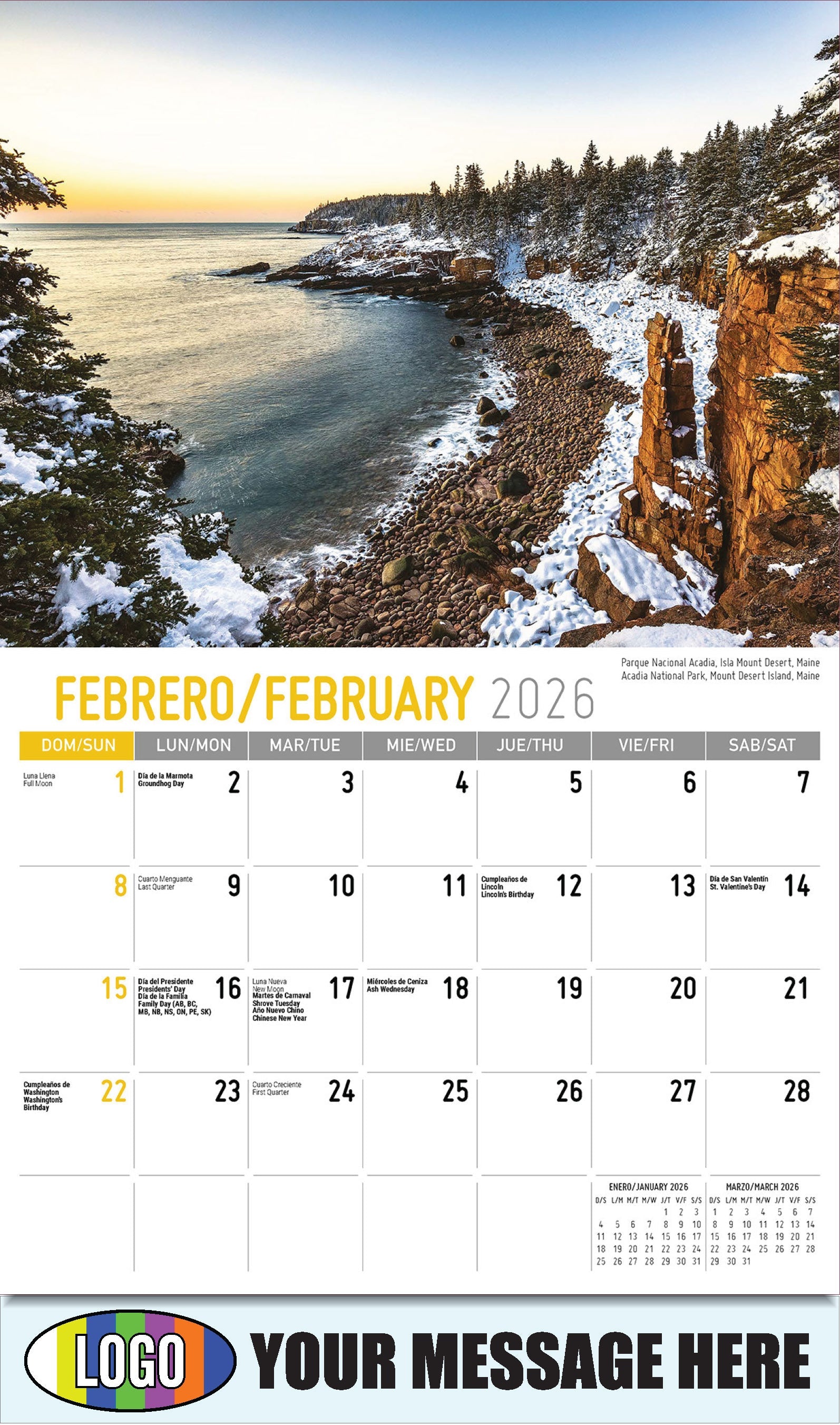 2026 Business Promotional Calendar - Scenes of America Bilingual - Parque Nacional Acadia, Isla Mount Desert - February