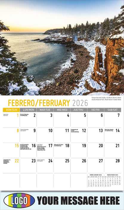 2026 Business Promotional Calendar - Scenes of America Bilingual - Parque Nacional Acadia, Isla Mount Desert - February