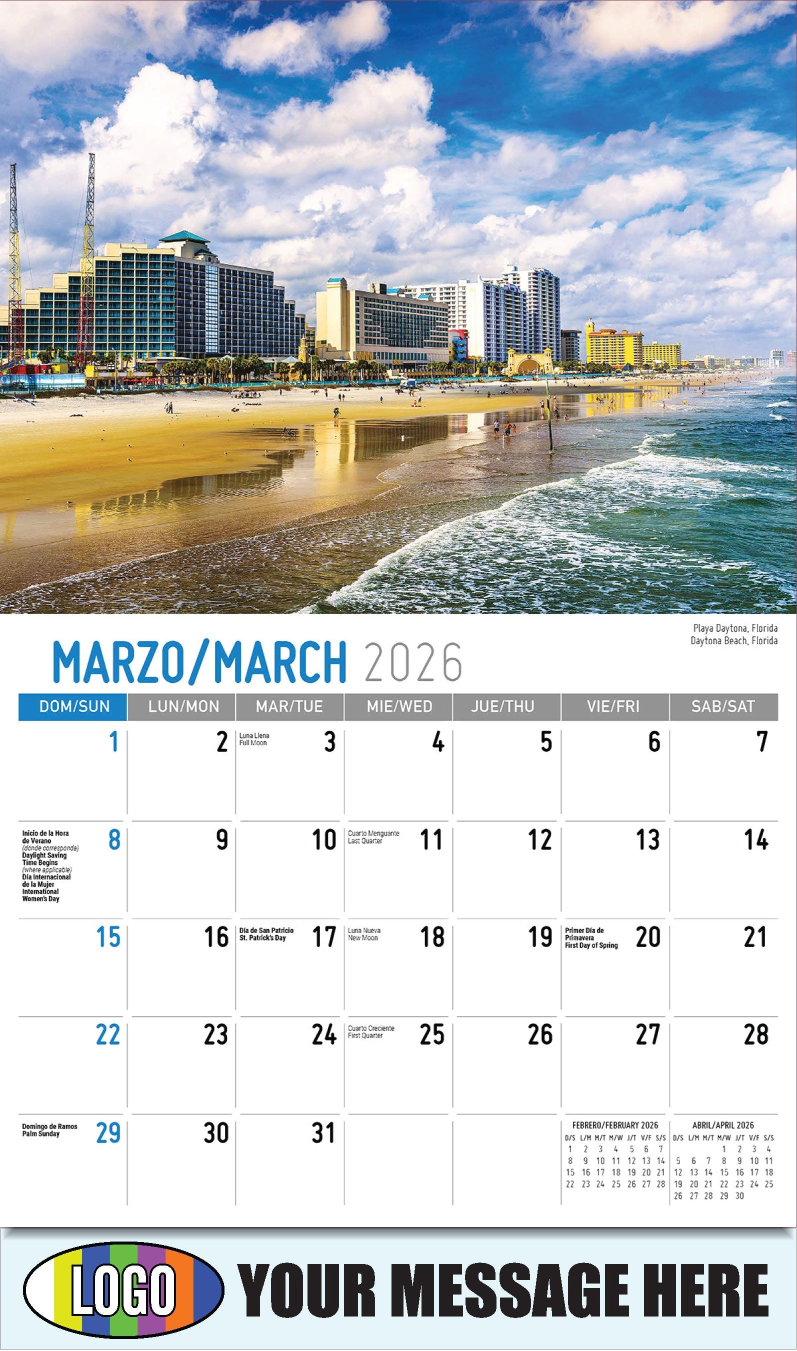 2026 Business Promotional Calendar - Scenes of America Bilingual - Playa Daytona, Florida - March