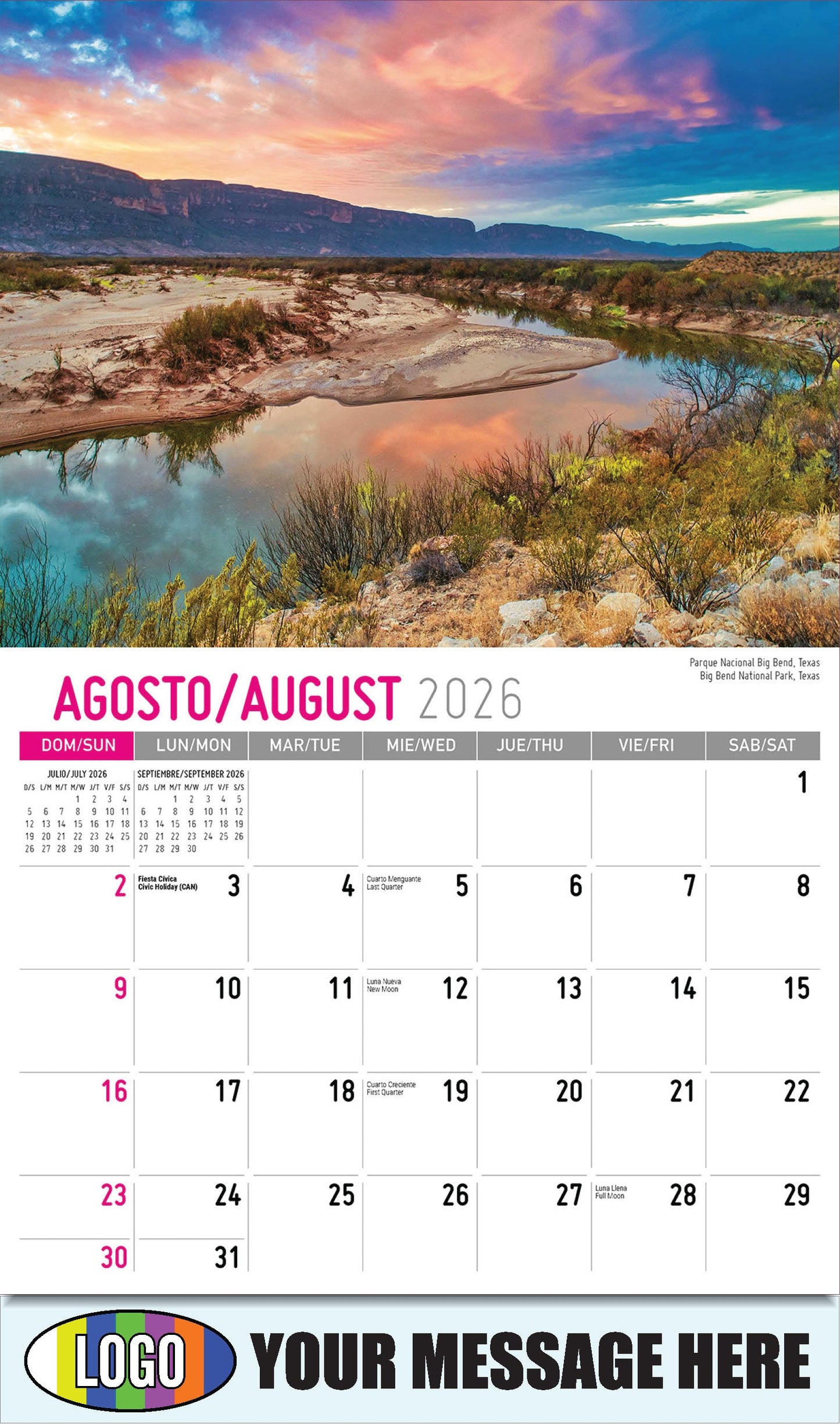 2026 Business Promo Calendar - Scenes of America Bilingual - Parque Nacional Big Bend, Texas
 - August