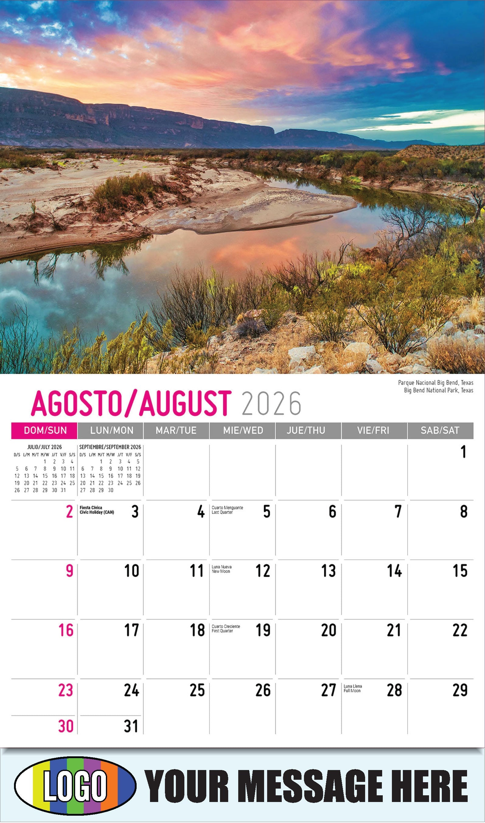2026 Business Promo Calendar - Scenes of America Bilingual - Parque Nacional Big Bend, Texas
 - August