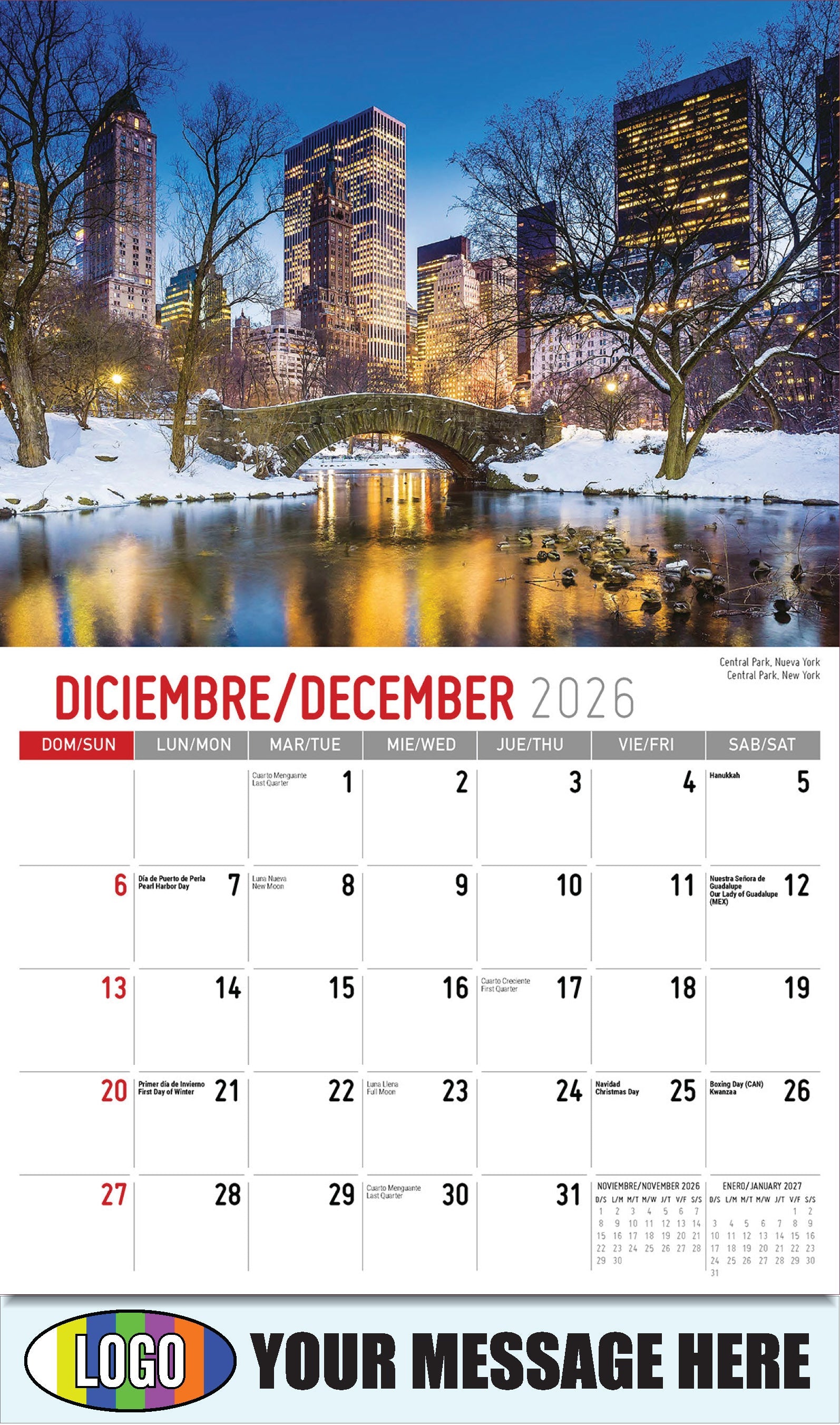 2026 Business Promotion Calendar - Scenes of America Bilingual - Central Park, Nueva York - December