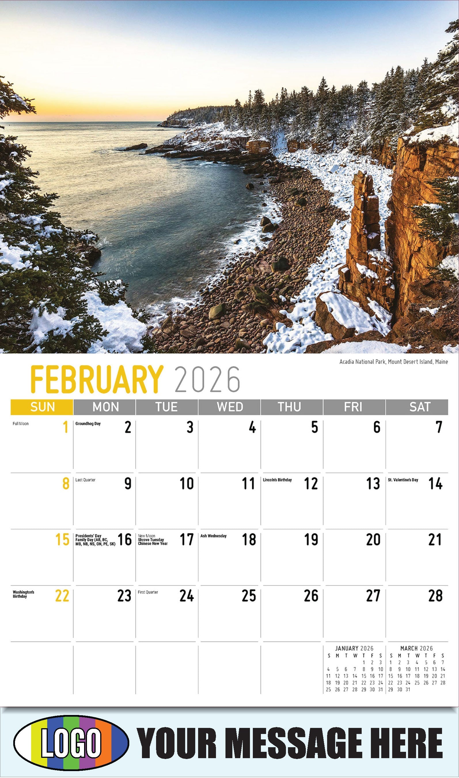 2026 Business Promotional Calendar - Scenes of America - 
Acadia National Park, Mount Desert Island, Maine - February