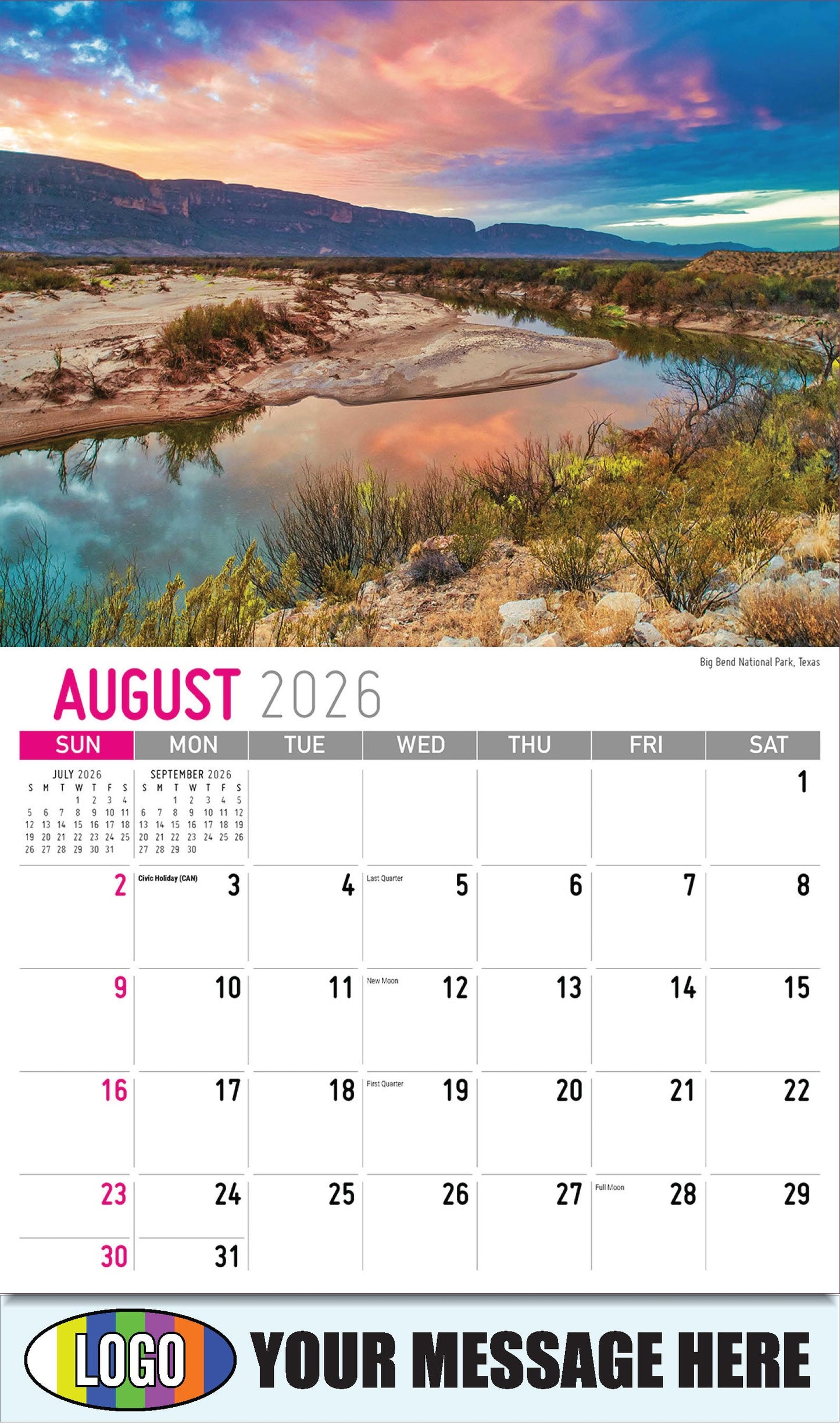 2026 Business Promo Calendar - Scenes of America - 
Big Bend National Park, Texas - August