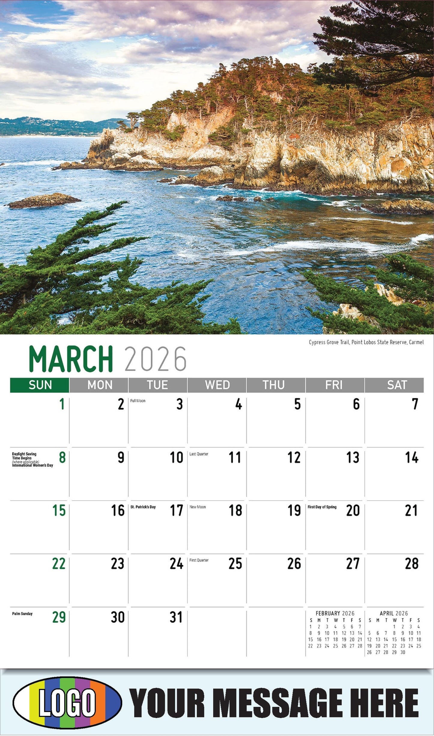 2026 Business Promotional Calendar - Scenes of California - 
Cypress Grove Trail, Point Lobos State Reserve, Carmel - March