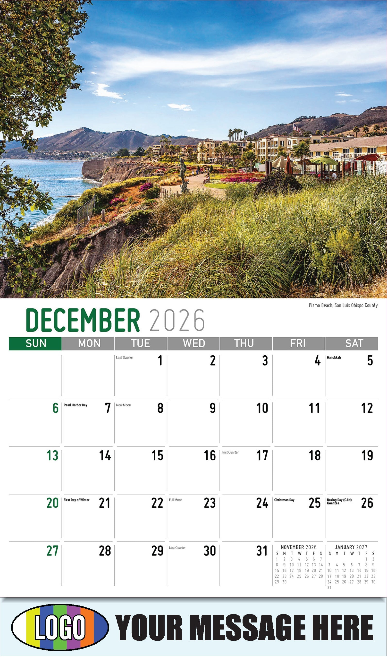2026 Business Promotion Calendar - Scenes of California - Pismo Beach, San Luis Obispo County - December