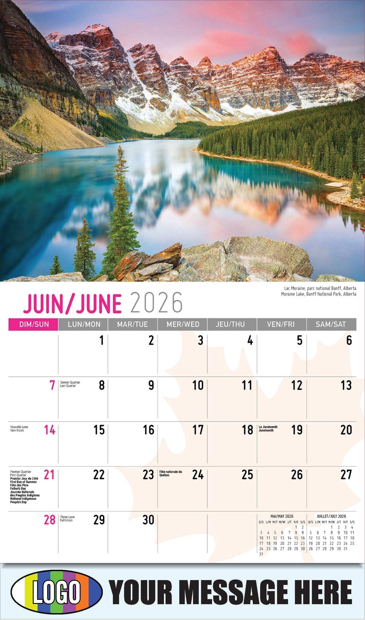 2026 Business Advertising Calendar - Scenes of Canada - Lac Moraine, parc national Banff, Alberta - June
