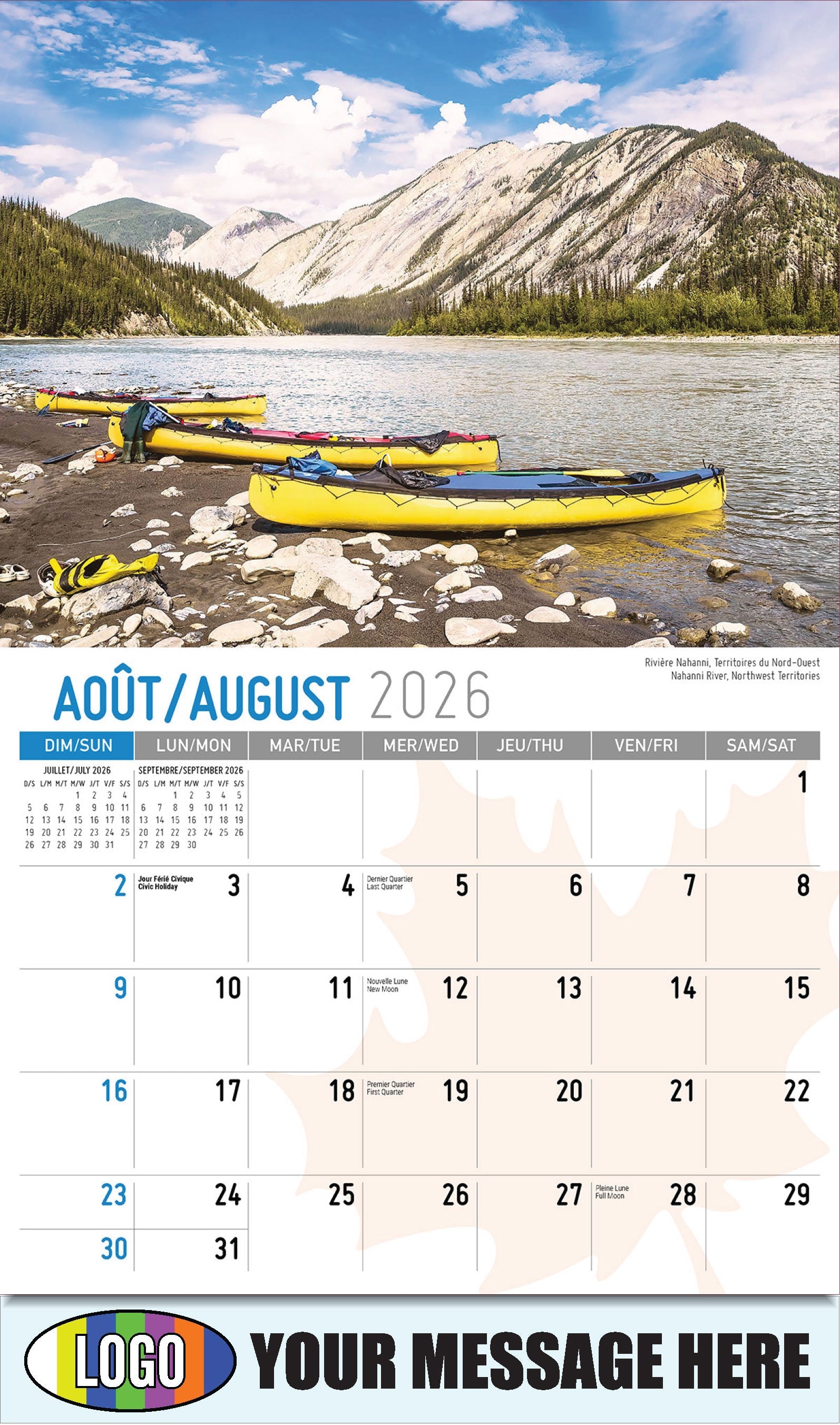 2026 Business Promo Calendar - Scenes of Canada - Rivière Nahanni, Territoires du Nord-Ouest - August