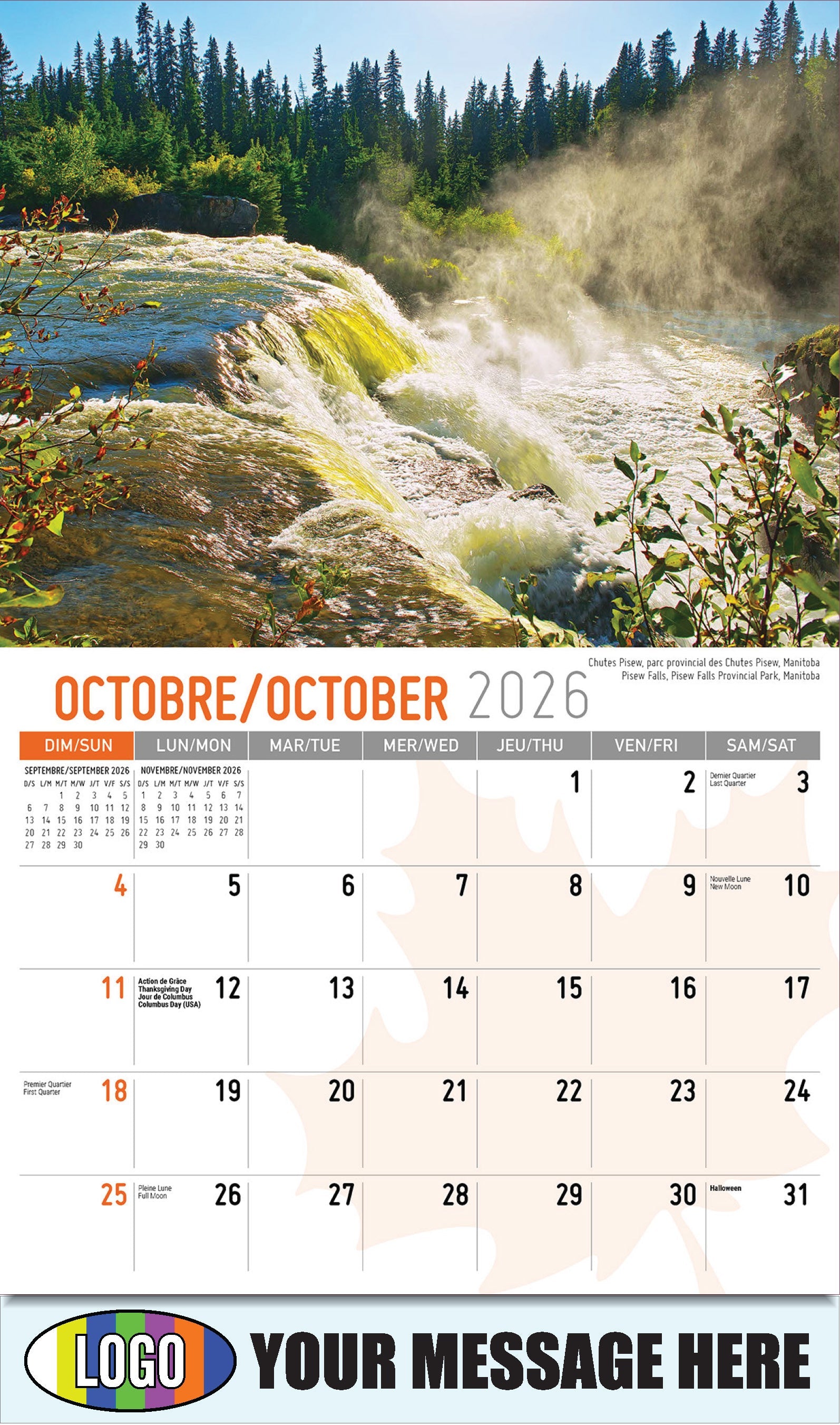 2026 Business Promotion Calendar - Scenes of Canada - Chutes Pisew, parc provincial des Chutes Pisew, Manitoba - October