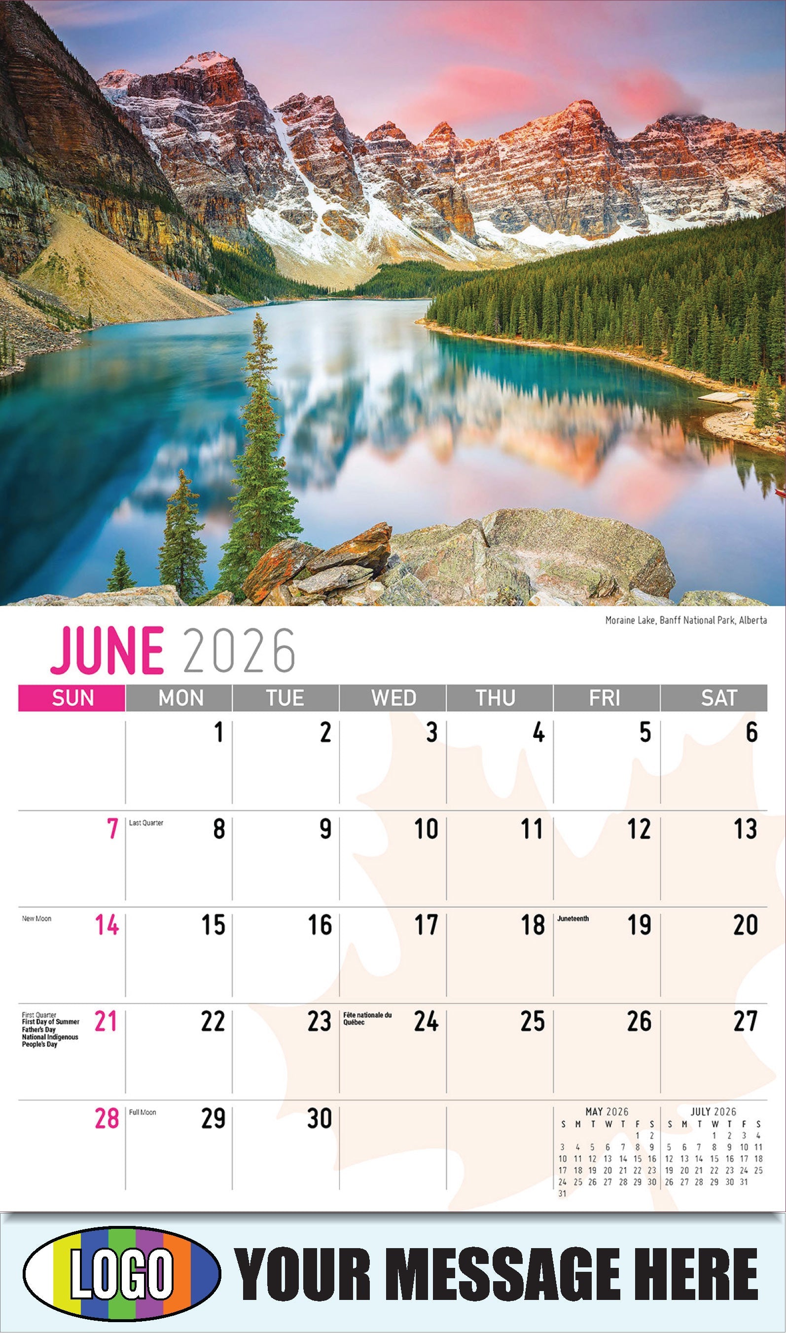2026 Business Advertising Calendar - Scenes of Canada - 
Moraine Lake, Banff National Park, Alberta - June