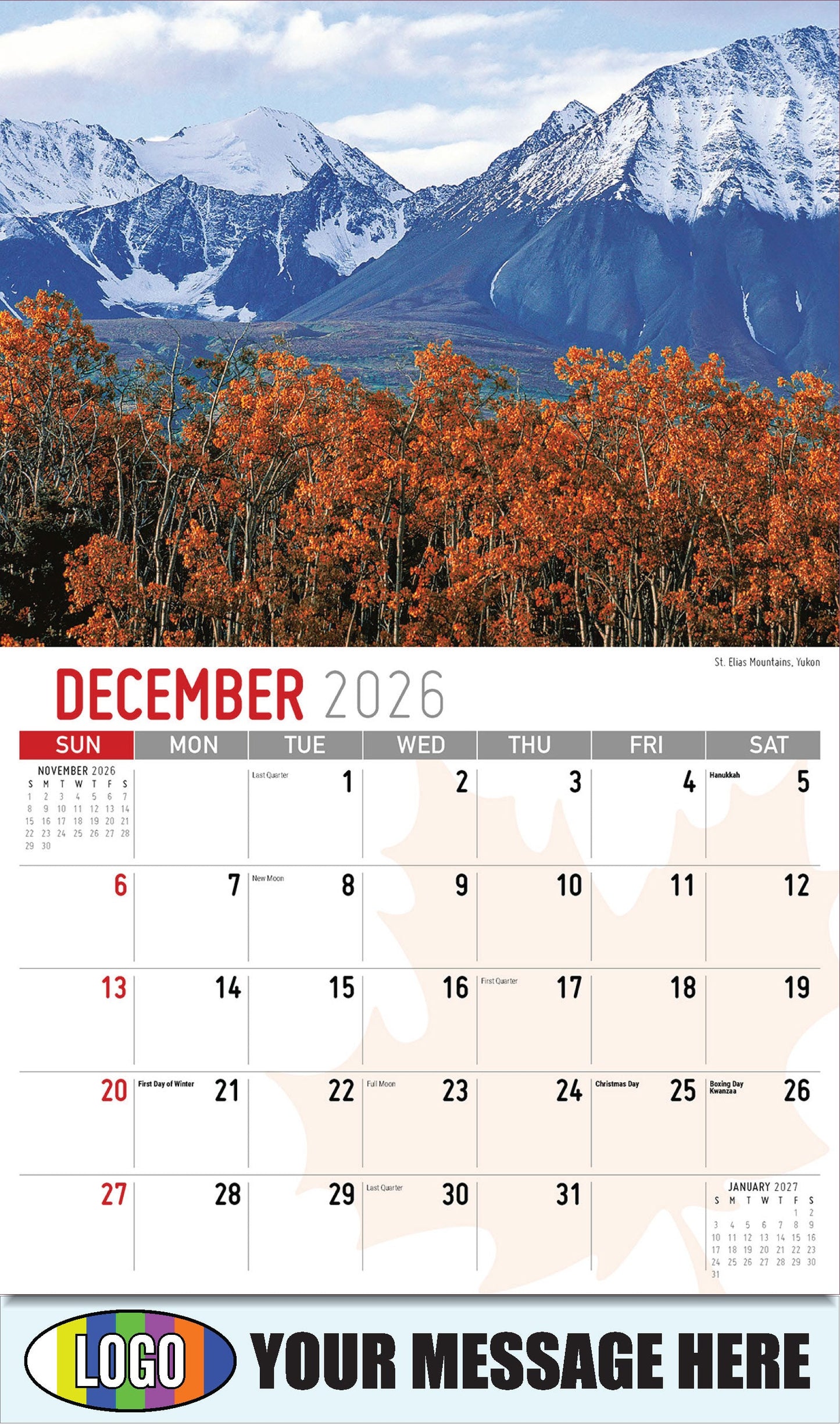 2026 Business Promotion Calendar - Scenes of Canada - 
St. Elias Mountains, Yukon - December