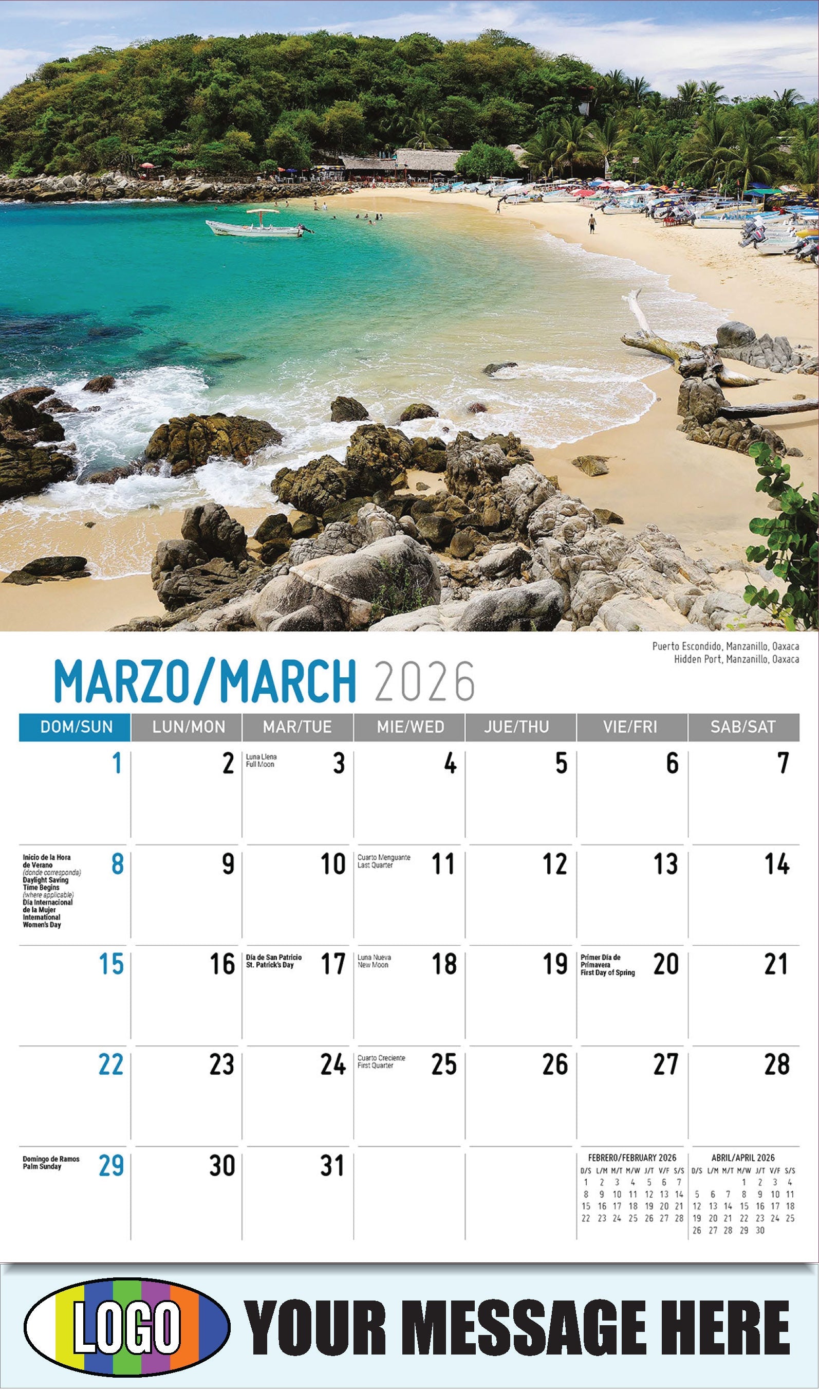 2026 Business Promotional Calendar - Scenes of Mexico - Puerto Escondido, Manzanillo, Oaxaca
Hidden Port, Manzanillo, Oaxaca - March