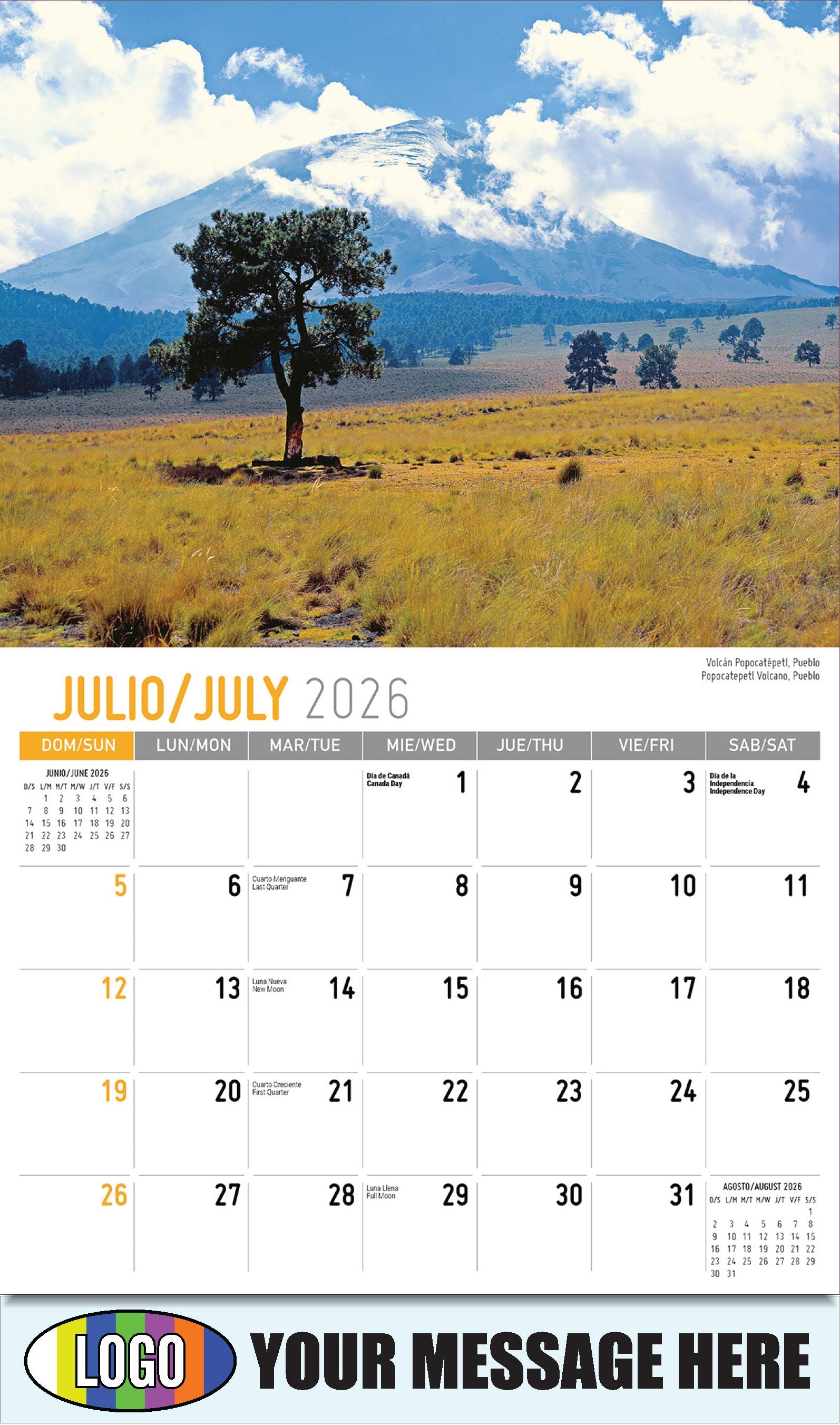 2026 Business Promo Calendar - Scenes of Mexico - Volcán Popocatépetl, Pueblo
Popocatepetl Volcano, Pueblo - July