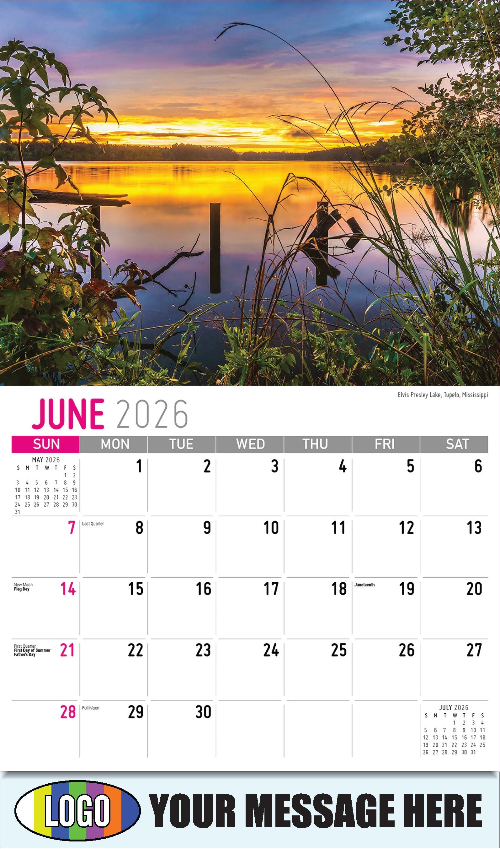 2026 Business Advertising Calendar - Scenes of Southeast USA - 
Elvis Presley Lake, Tupelo, Mississippi  - June