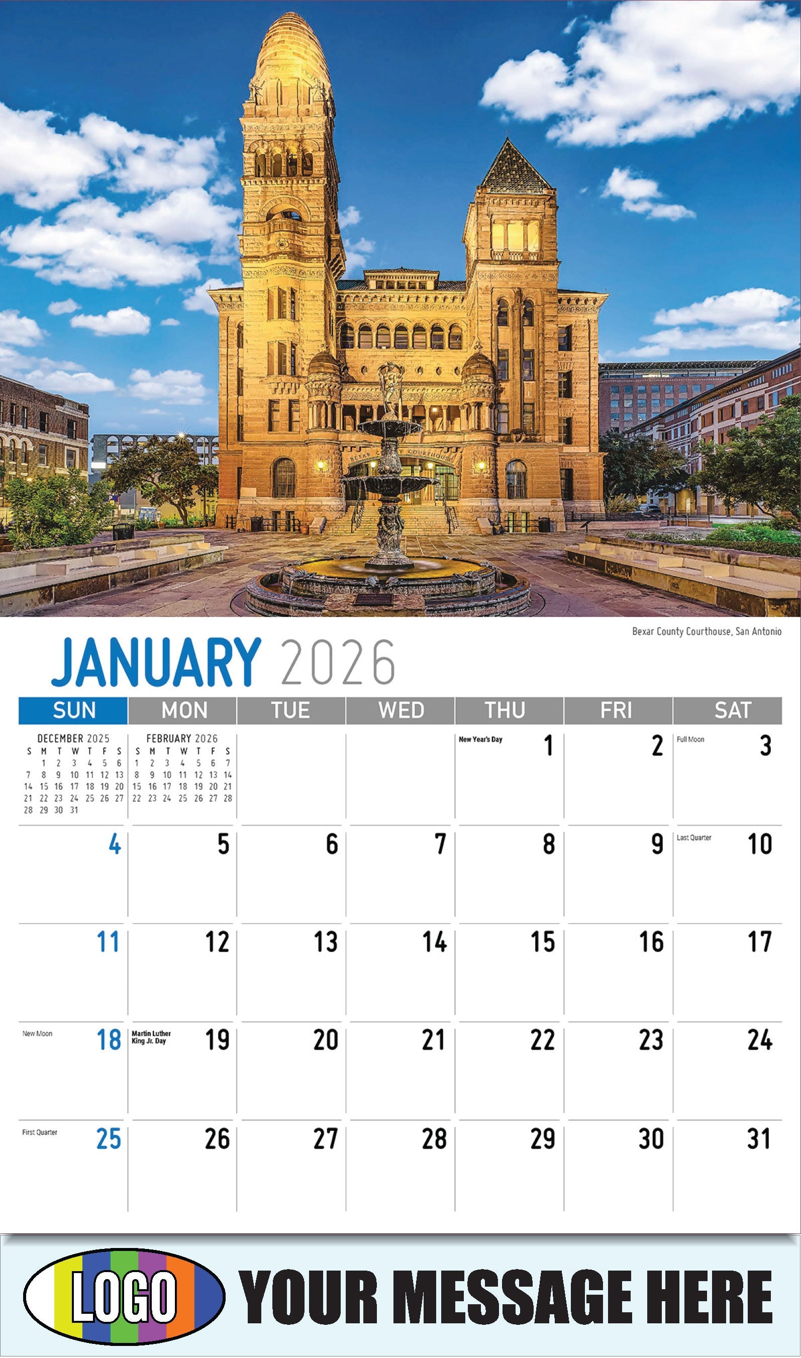 2026 Business Promotional Calendar - Scenes of Texas - Bexar County Courthouse, San Antonio - January
