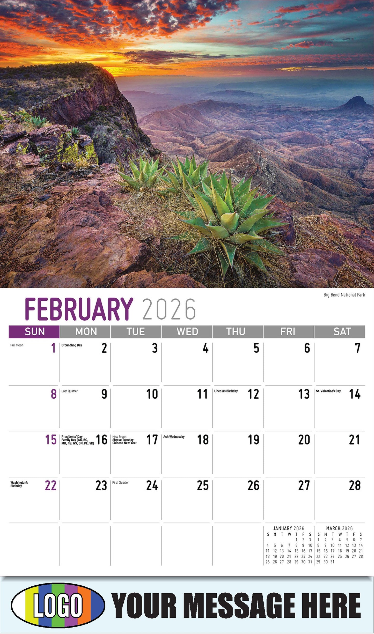 2026 Business Promotional Calendar - Scenes of Texas - Big Bend National Park - February