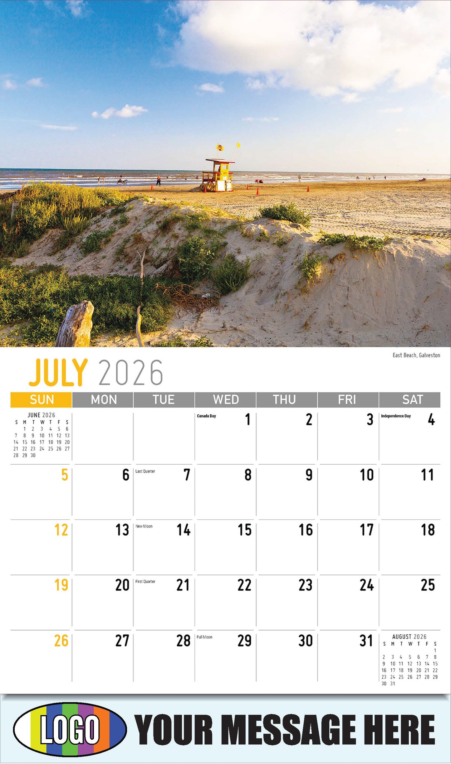 2026 Business Promo Calendar - Scenes of Texas - East Beach, Galveston - July