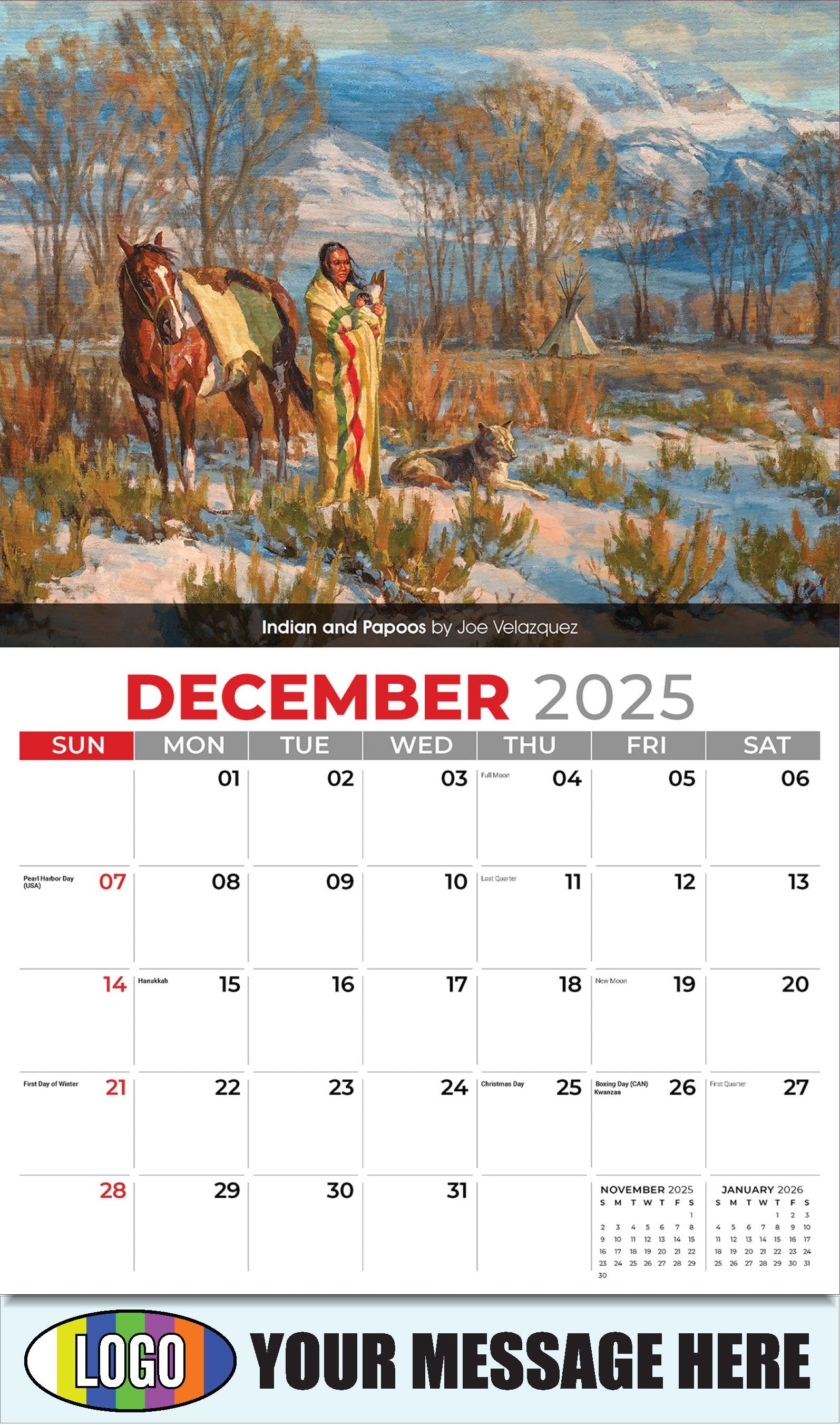 2026 Business Promotional Calendar - Spirit of the West - December_a - Indian and Papoos by Joe Velazquez