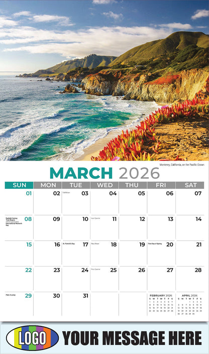2026 Business Promotional Calendar - Sun, Sand and Surf - March - Monterey, California, on the Pacific Ocean