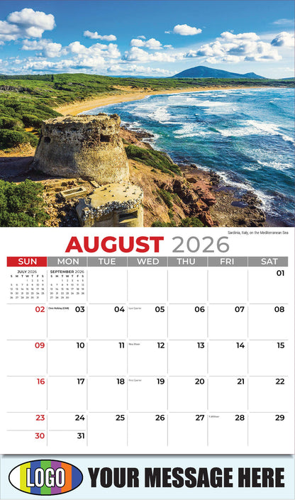 2026 Business Promo Calendar - Sun, Sand and Surf - August - Sardinia, Italy, on the Mediterranean Sea