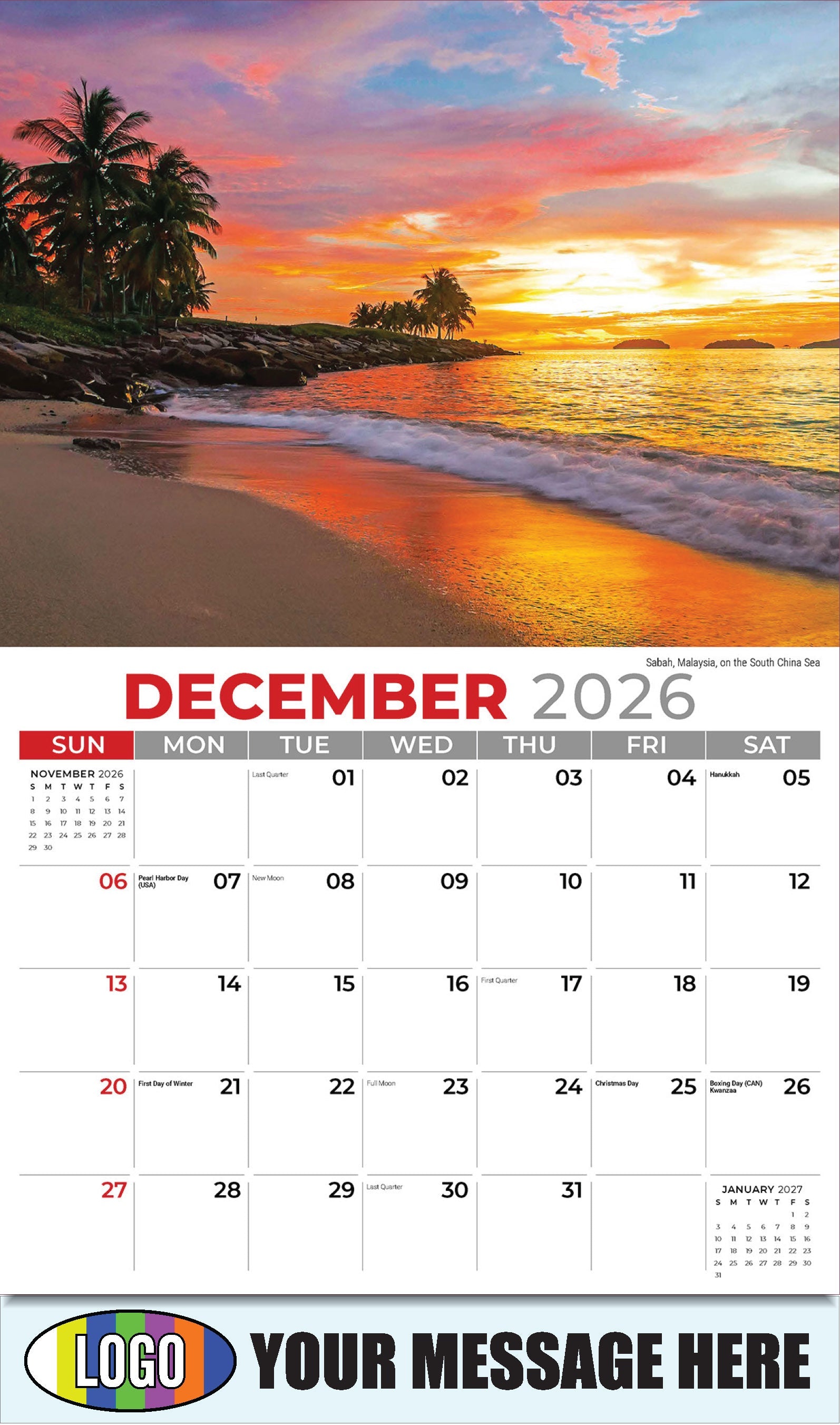 2026 Business Promotion Calendar - Sun, Sand and Surf - December - Sabah, Malaysia, on the South China Sea  